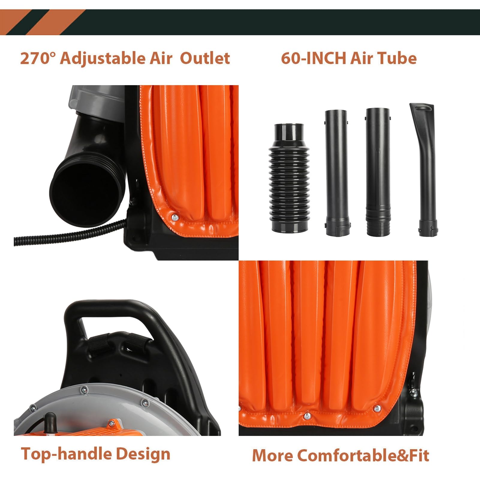 Souffleur Thermique à Dos 63cm³, Moteur 2 Temps 3hp, Souffleur De Feuilles Puissant 6800tr/Min, Débit 665cfm, Réservoir 1.7l, pour Jardin, Neige Et Chantier Orange
