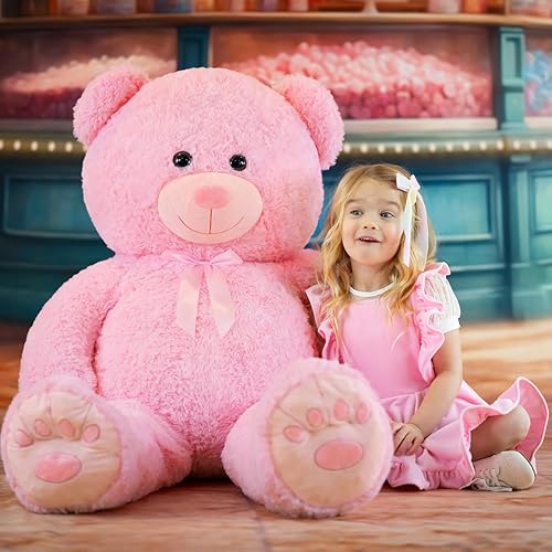 Miniatura 6 de MorisMos Oso de peluche rosa gigante de 50 pulgadas para novia en aniversariosdía de San Valentín, bonito oso de peluche rosa grande para niñas,