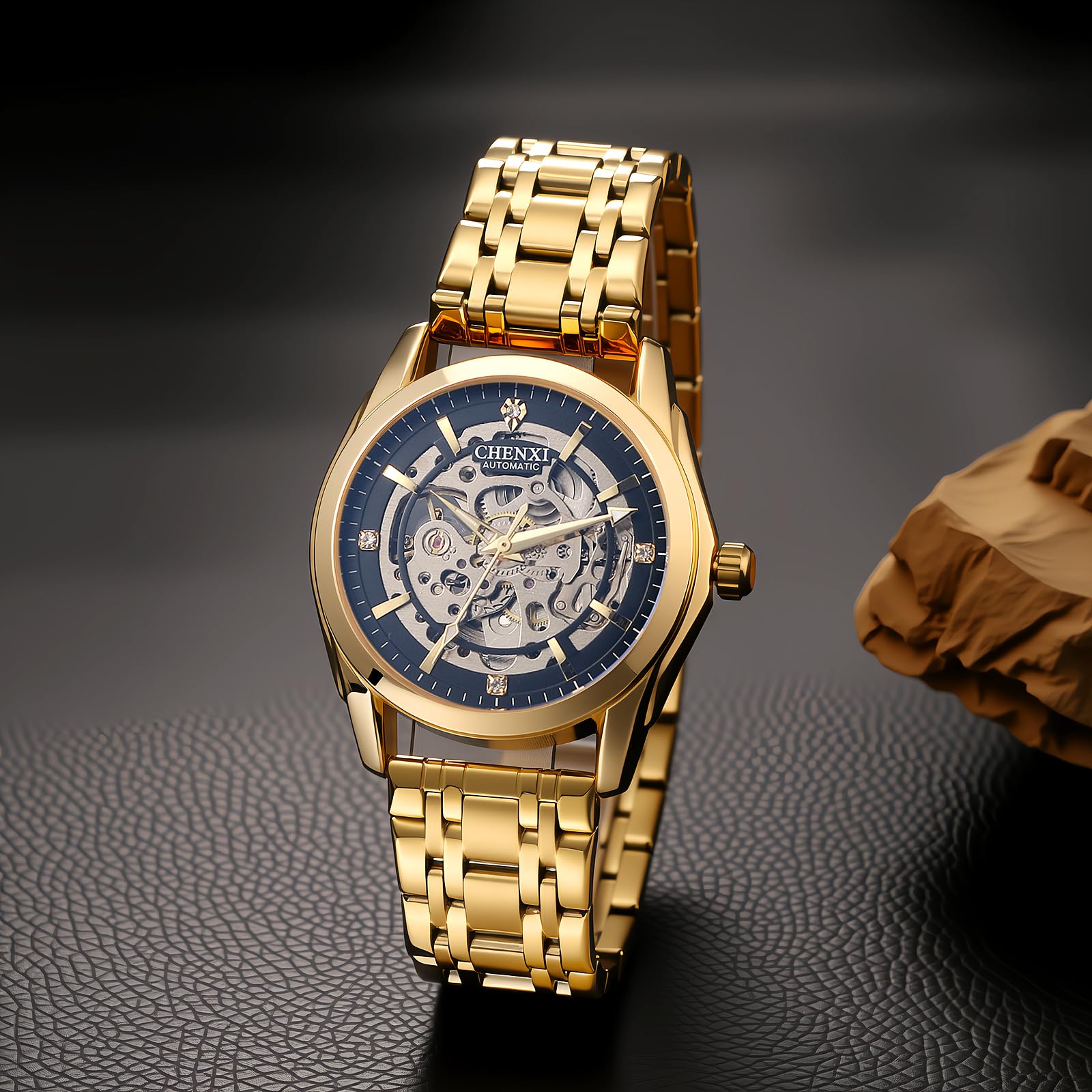 JewelryWe Automatyczne zegarki dla mężczyzn: samonakręcające się mechaniczne markery diamentowe 36-godzinna rezerwa mocy świecące wskazówki 3 ATM wodoodporny odpinany zegarek na rękę ze stali