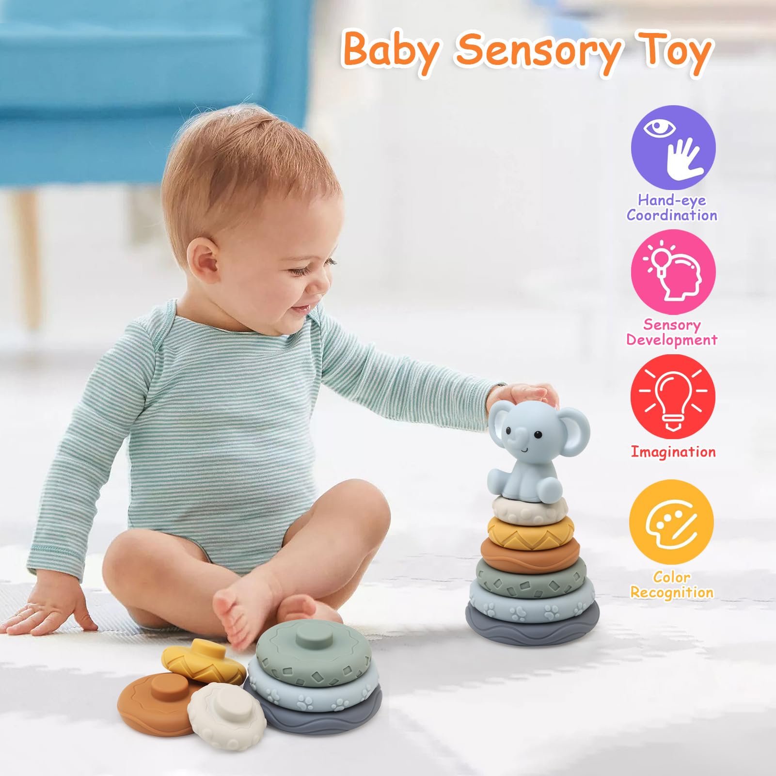 LEADSTAR Stacking Baby Toys Silicone, Elephant Silicone Soft Stack Rings - Image 3