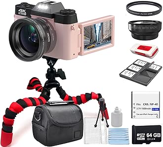 Acuvar 4K 48MP Digital Camera Kit for Photography, Vlogging Camera for YouTube with Flip Screen, WiFi, Wide Angle & Macro Lens, 64GB Micro SD Card, 12" Flexible Tripod, Carrying Case, Card Reader