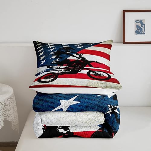 Miniatura 4 de Erosebridal Juego de ropa de cama con la bandera de Estados Unidos, juego de edredón para motocross y moto de cross, tamaño Queen, rojo, blanco, a