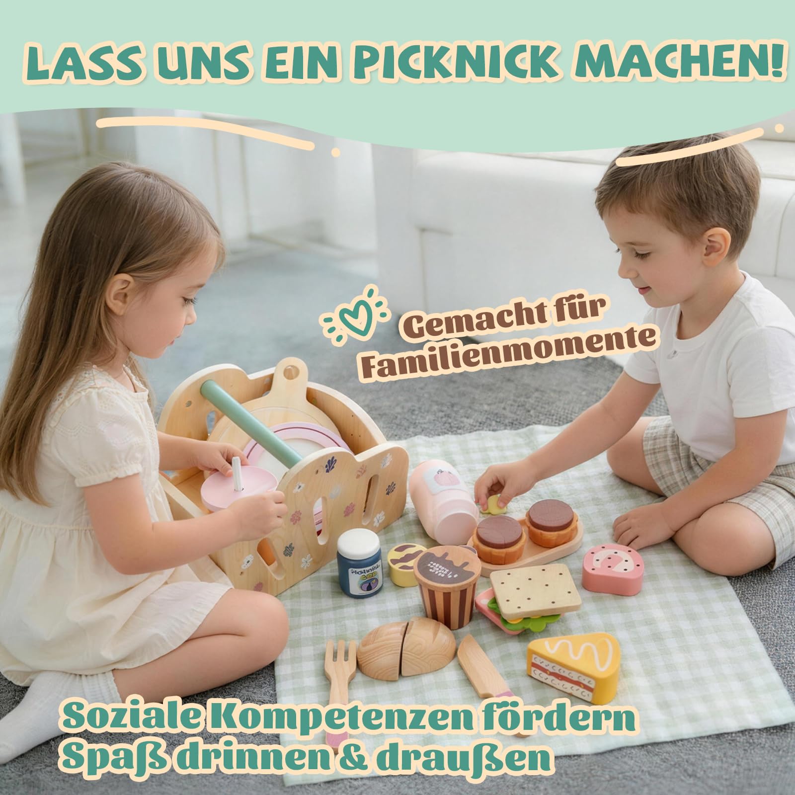 Potatomato Kinder Picknick-Set mit Teeservice Kinder inkl Dessertspielzeug - Holzspielzeug und Outdoor-Gartenspielzeug Jungen und Mädchen