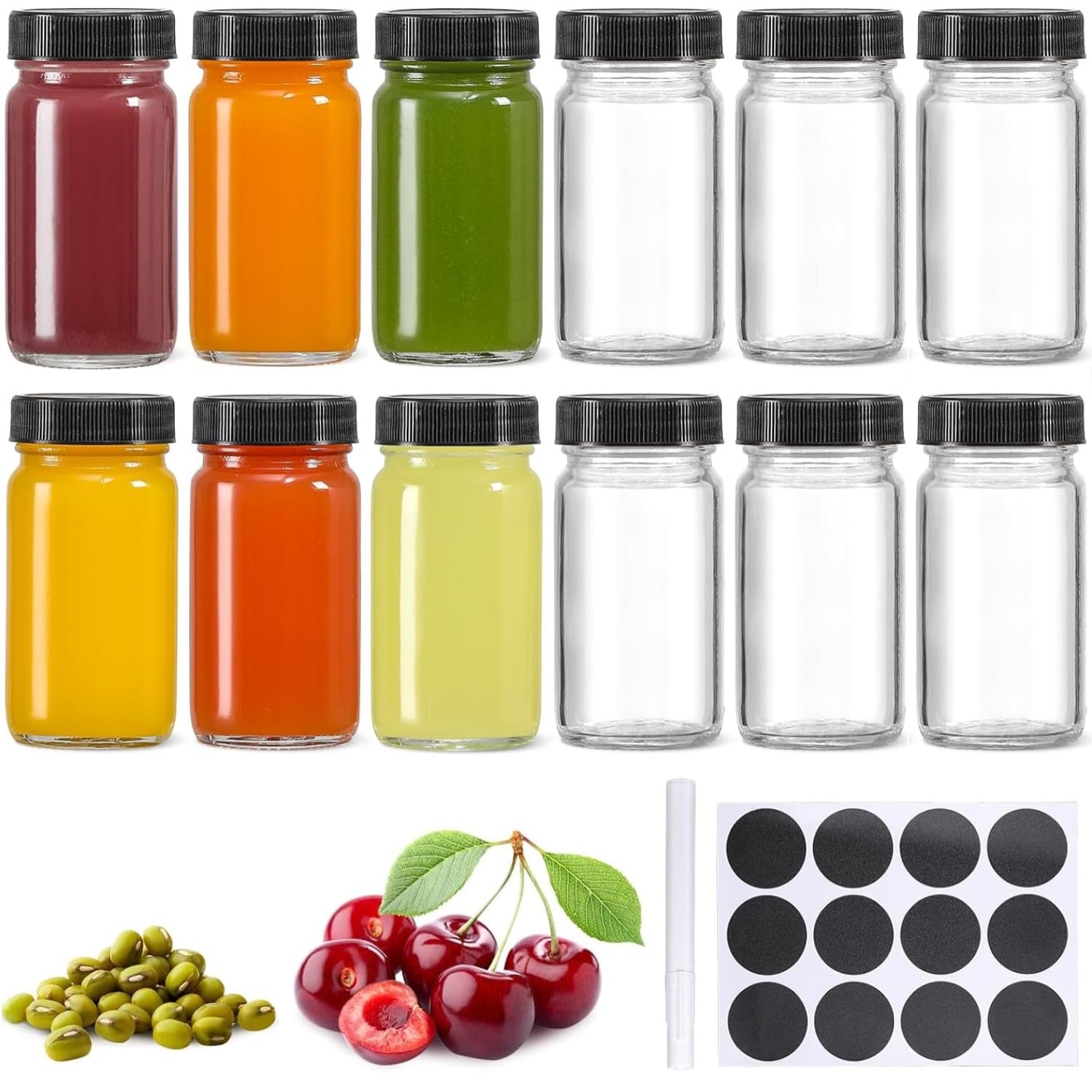 Kaheign Black 12Pcs Glass Shot Bottles With Lids, 60Ml Small Clear Juice Shot Bottle Reusable Wide Mouth Leakproof Jar For Ginger, Wellness Shot, Juice, Sample, Whiskey - Dishwasher Safe (Black)