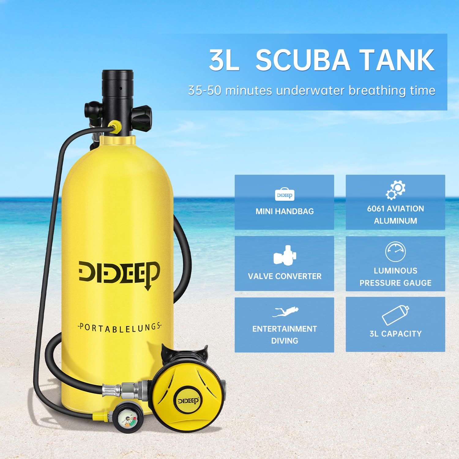 DIDEEP Sprzęt do nurkowania, butla z gazem do nurkowania, butla tlenowa 3 l, butla tlenowa, butelka na wodę, zestaw do nurkowania, czteroczęściowy zestaw 3 l respirator + lusterko do twarzy + szybkie