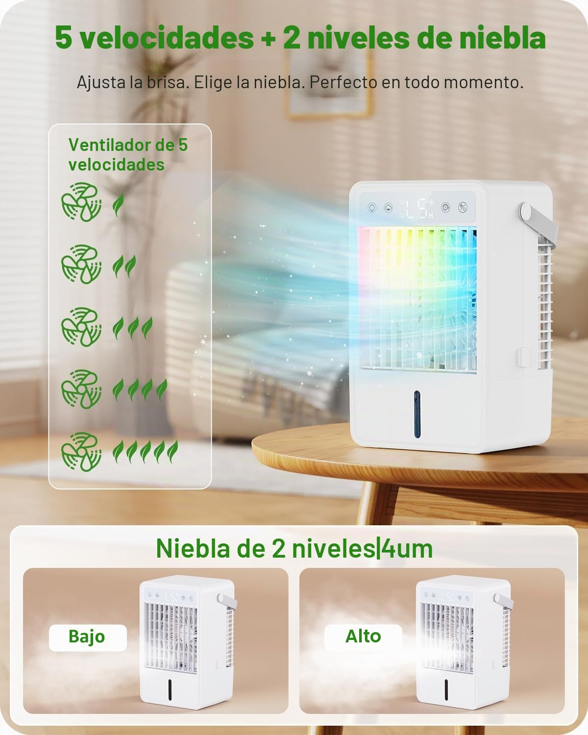 Mini Aire Acondicionado Portatil con 1.5L | Enfriador de Aire con 5 Velocidades + 3 Modos de Neblina | Temporizador 10H | Mando a Distancia y Luz RGB - para Dormitorios, Oficinas y Espacios Reducidos