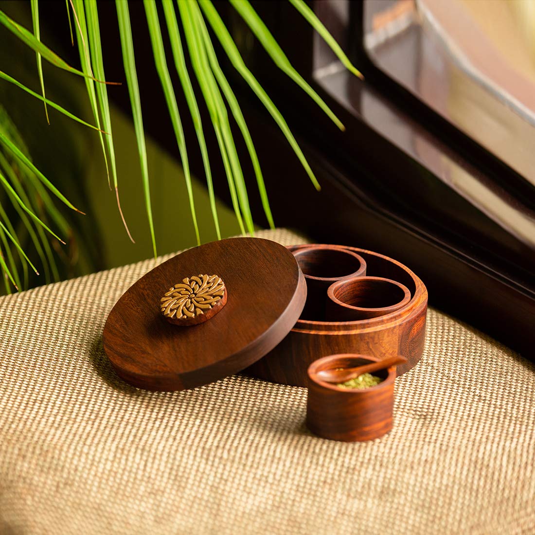 ExclusiveLane 'Floral' Hand Carved Refreshment Box With Spoon In Sheesham Wood (3 Detachable Containers, 60 ML) - Wooden Jars Mukhwas Container Condiment Saunf Container Set Wooden Masala Spice Box