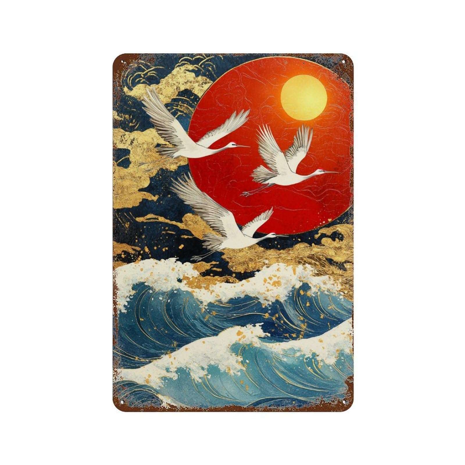 Japanese Crane Sunset Painting Rust Effect Tin Sign 11.8"x7.9", Vintage Wall Decor for Garage, Pub Or Kitchen