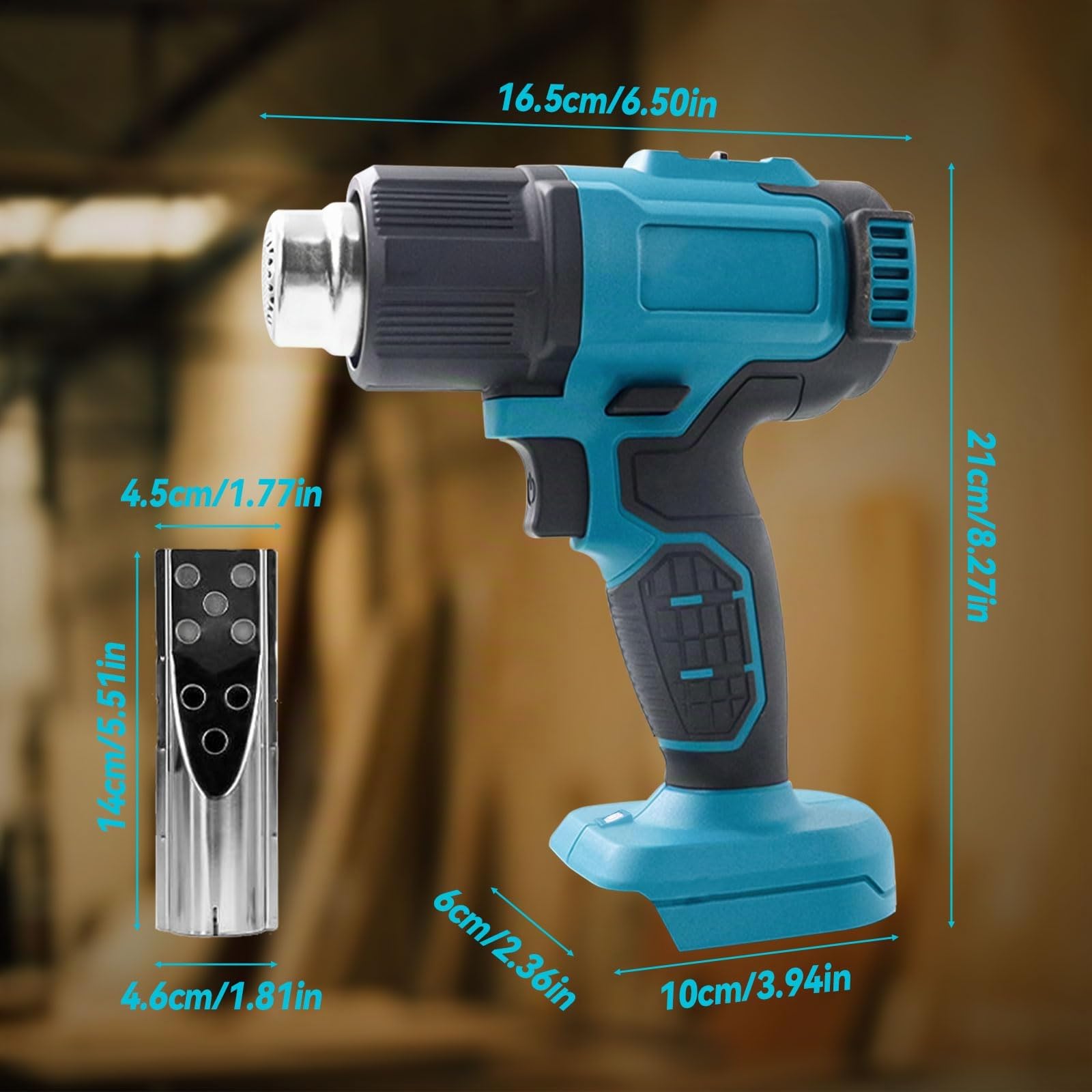 Pistolet thermique sans fil compatible avec batterie Makita 18 V, max 550 °C, chauffage rapide en 2 à 3 s, avec 5 buses pour tube rétractable, film vinyle, artisanat, électronique (sans batterie)