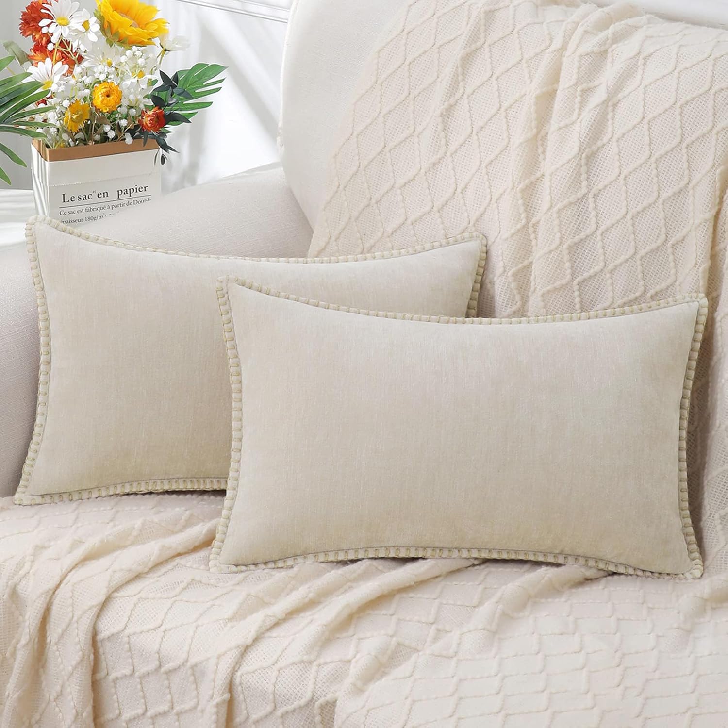 decorUhome Chenille Soft Throw Pillow Cover 12x20 Lumbar Velvet Farmhouse Decorative Pillow Covers with Stitched Edge for Couch Sofa Bed, Bleached Sand 20" x 12" (Pack of 2) Bleached Sand