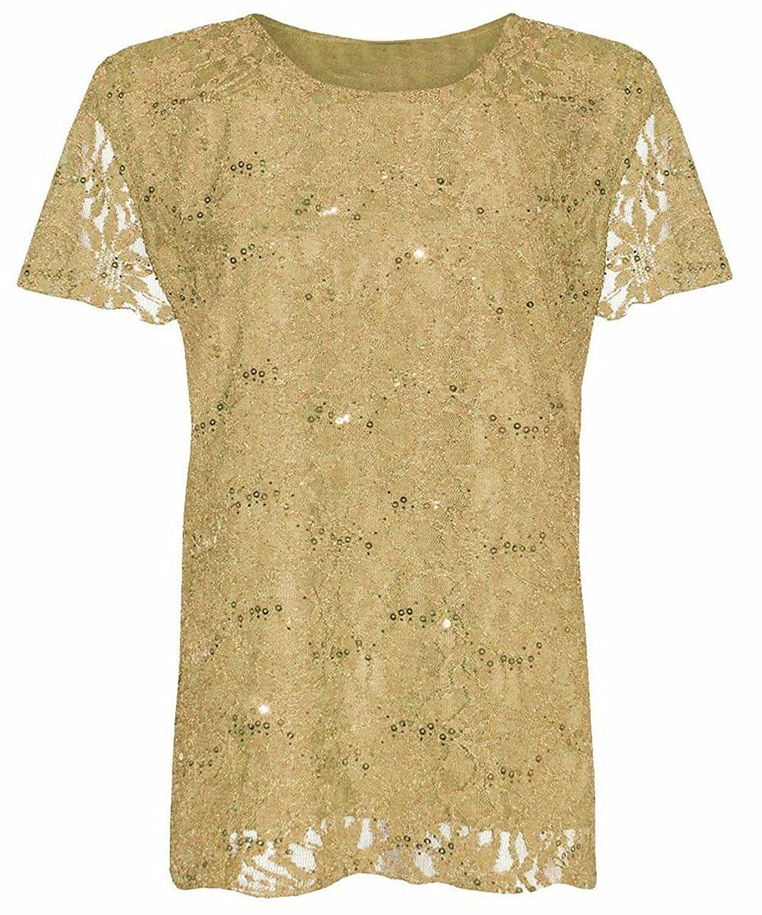 FAIRY TRENDZ LTD Haut à manches courtes en dentelle florale doublée à paillettes pour femme Taille 42-56