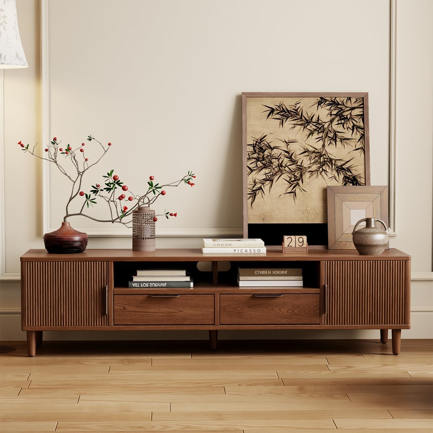 Surya carfts Mid-Century Modern TV Stand Fits TVs up to 62.9,Fluted TV Consoles Storage Doors and Cable tv Unit for Living Room, Bedroom, Dining Room-Walunt Colour-image-38