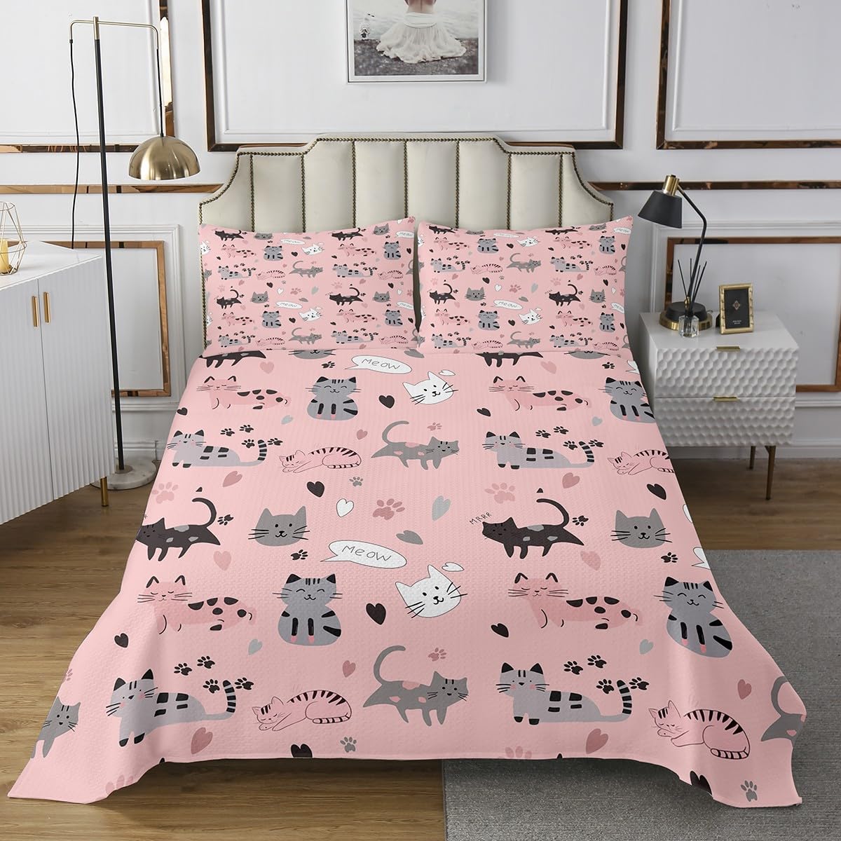 Erosebridal Pink Cat Coverlet Twin Size for Girls Gray Black Cats Bedding Set for Kids Boys Cute Paw Print Bedspread Set Kawaii Hearts Quilt Set Kitten Meow Printed Bed Quilt Lightweight