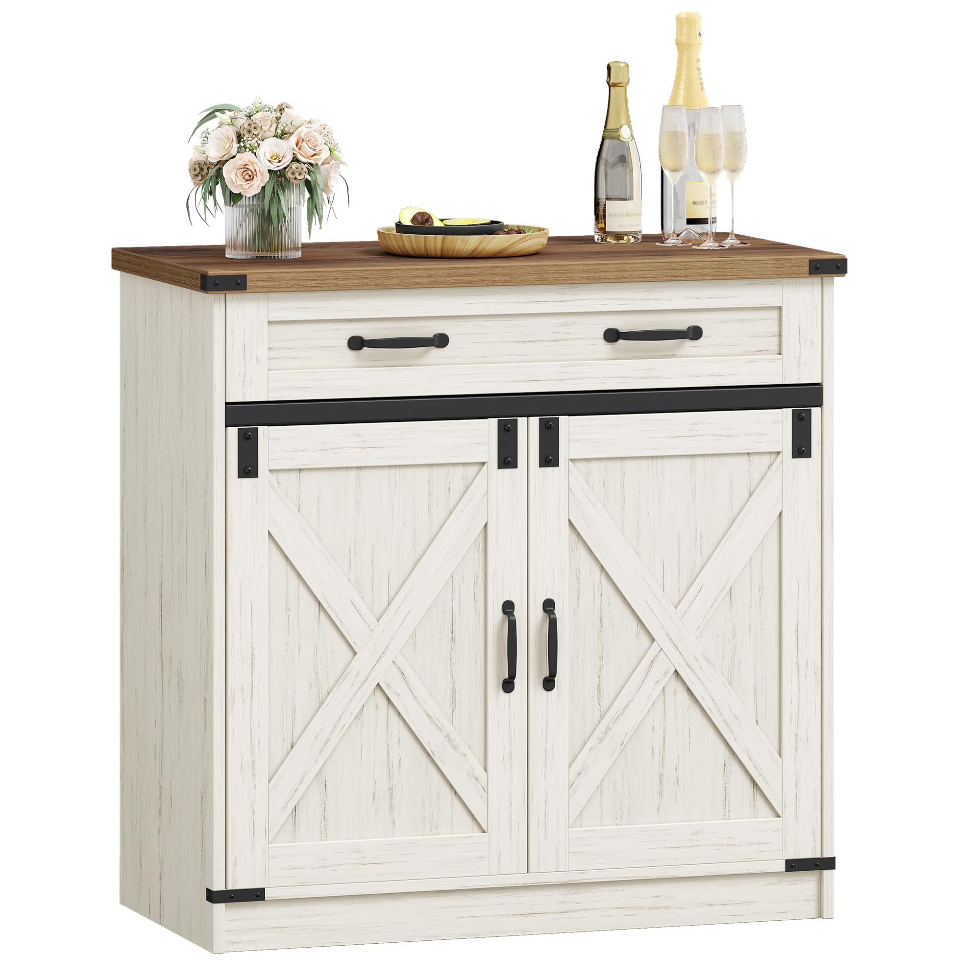 Hzuaneri Meuble Cuisine, Buffet à 1 Tiroir, Meuble de Rangement à 2 Portes, Étagères Réglables, Style Cottage, Cuisine, Salon, 40 x 80 x 80 cm, Blanc Rustique et Marron Miel, SC84814X