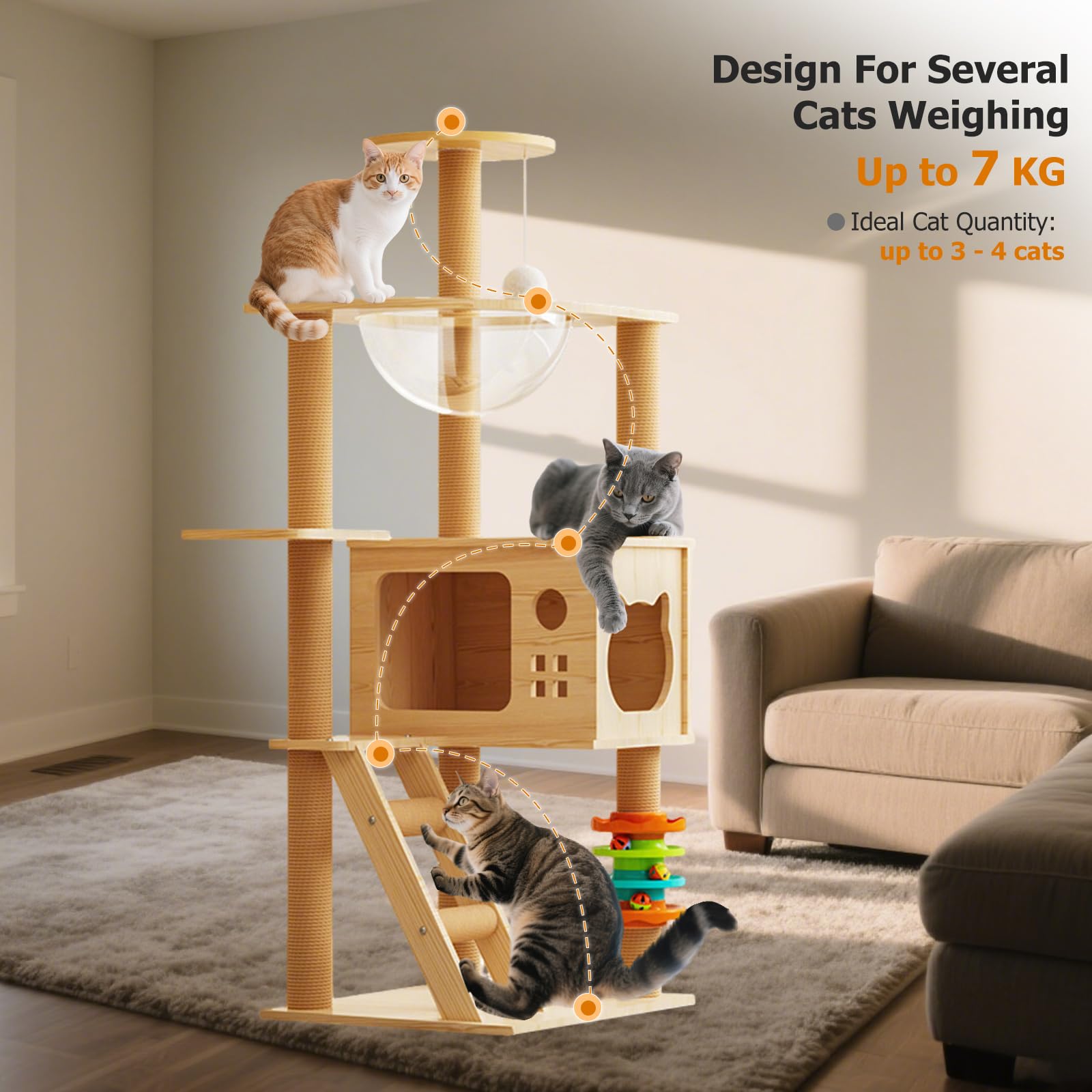 PETCUTE Torre per Gatti da Interni, Moderno,A Più Piani,Albero Tiragraffi in Legno per Gatti con Albero in Sisal, Capsula Spaziale,Piattaforma di Osservazione,Grotta,Pallina Giocattolo