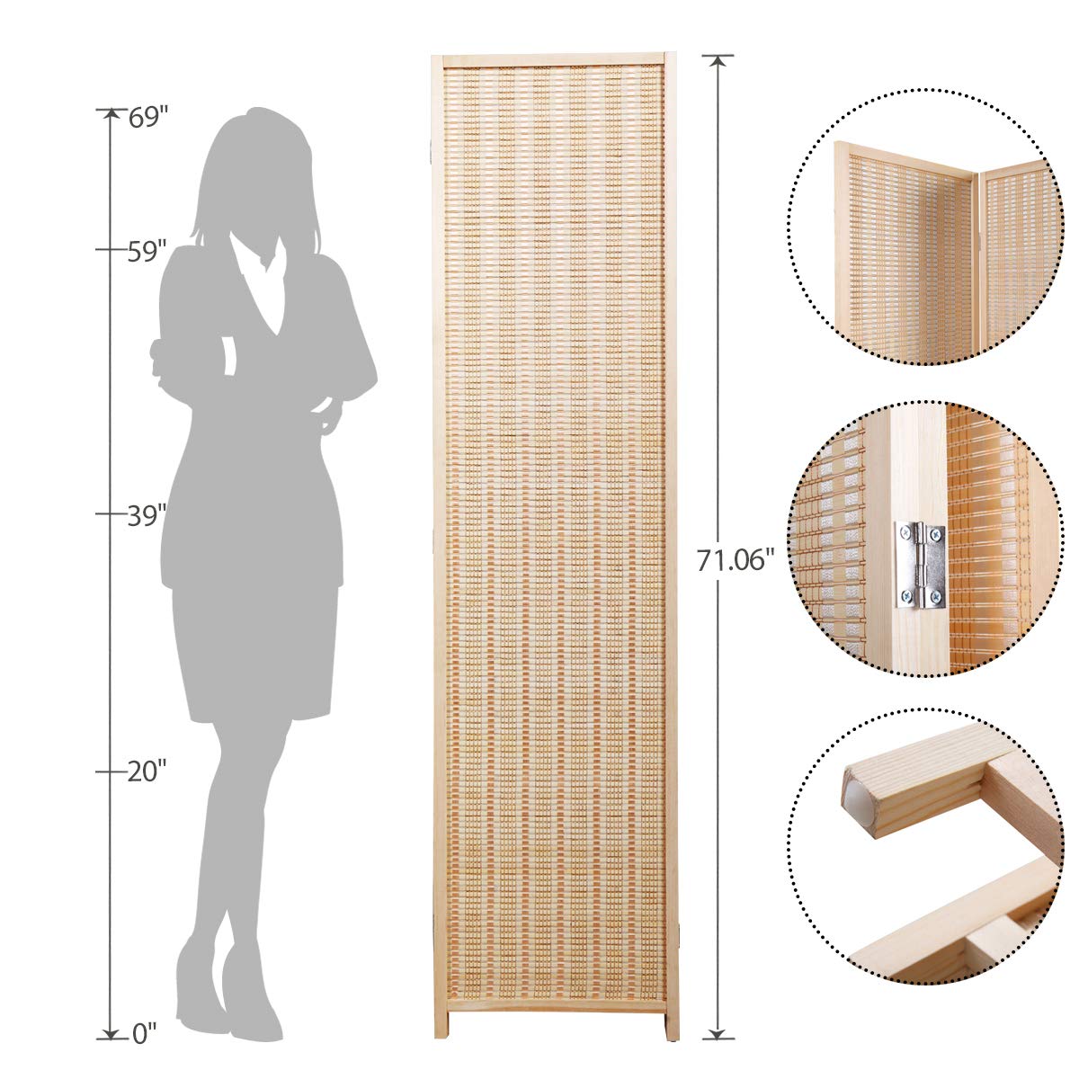JAXSUNNY 6 Panel Bamboo Room Dividers, Folding Room Divider Privacy