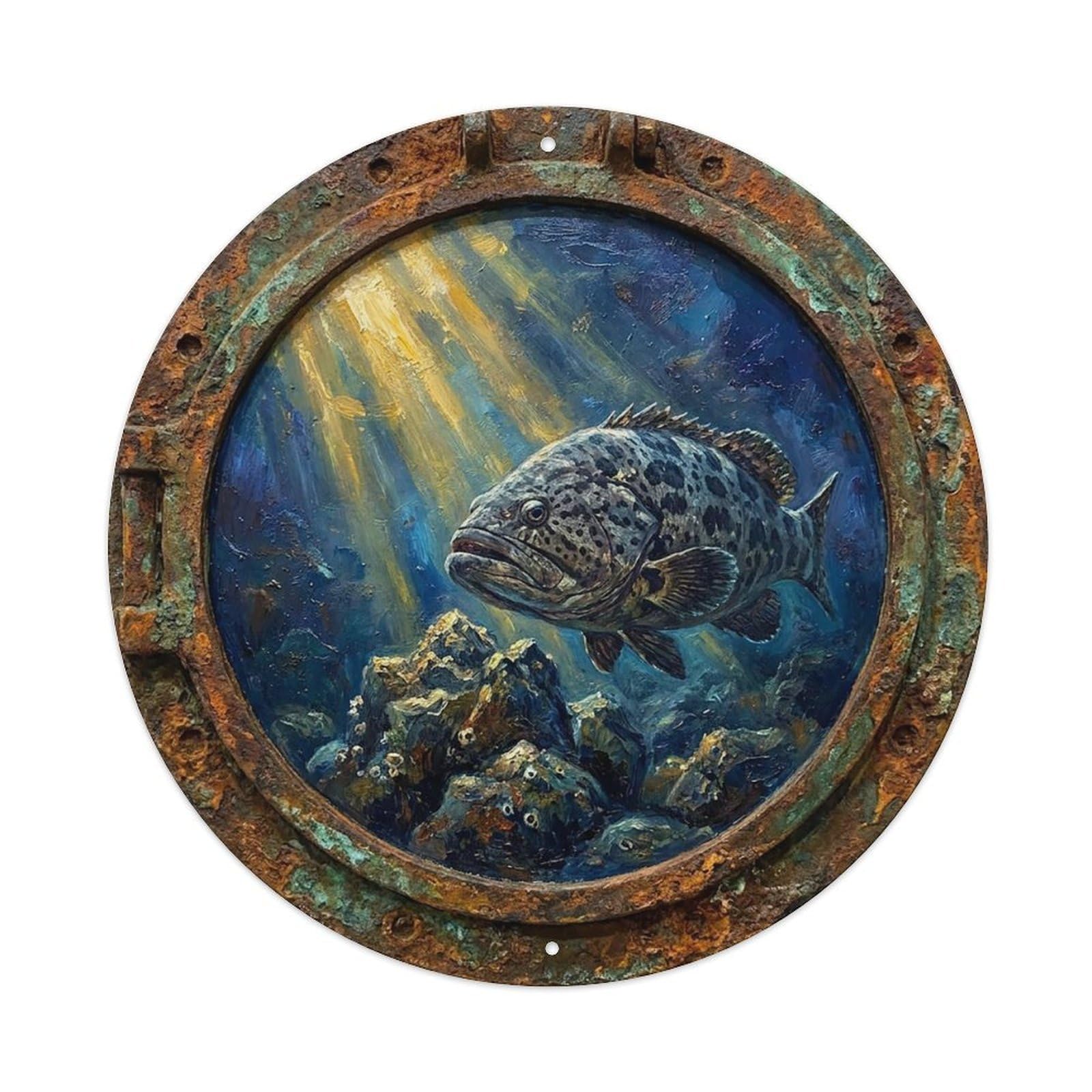 Vintage Porthole Grouper Guardian Ship Window Under Deep Metal Tin Sign