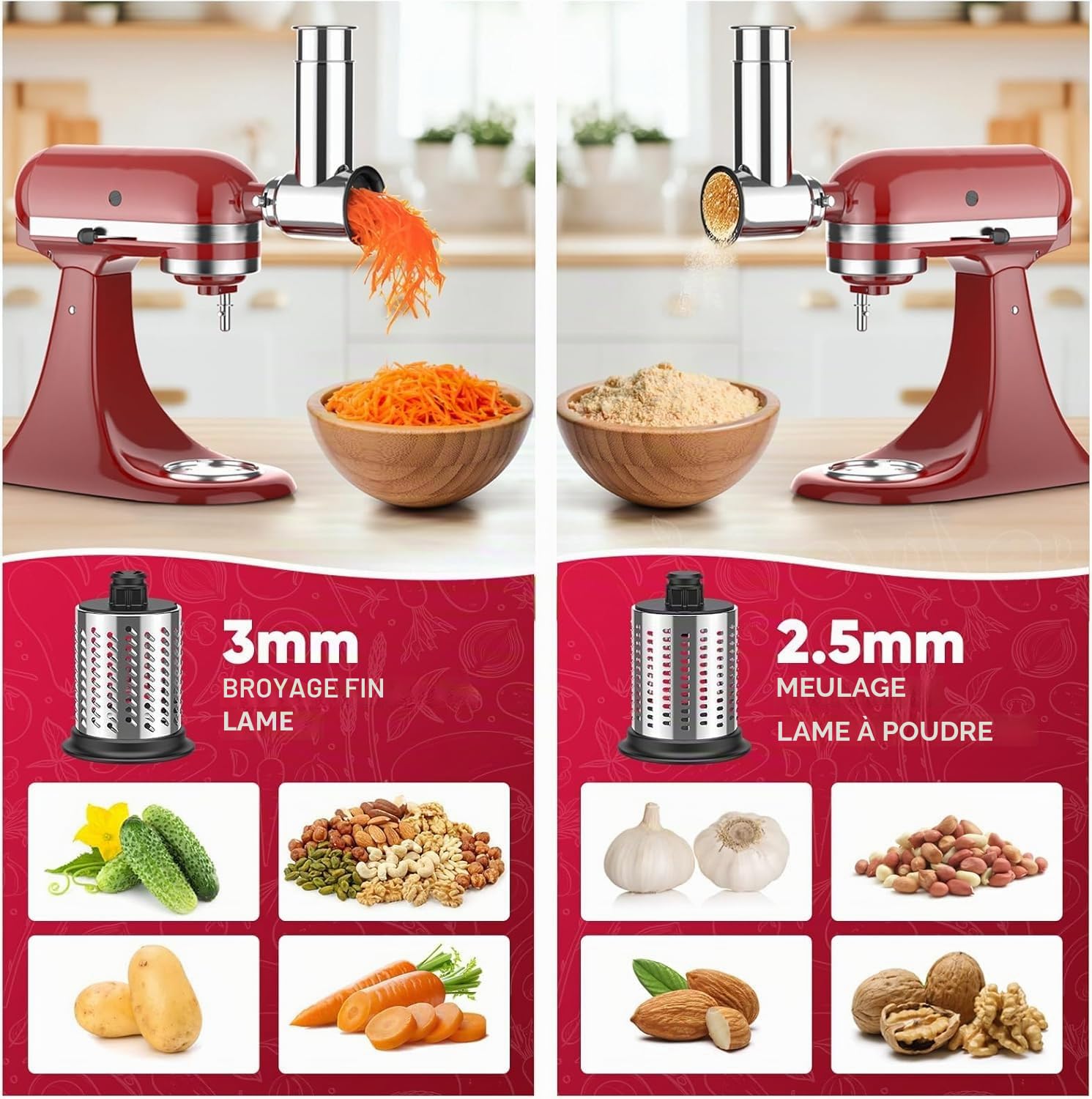 COFUN Accessoire coupe-légumes en acier inoxydable pour KitchenAid Robot Pâtissier, Râpe à fromage, Râpe à légumes avec 4 lames | Trancheuse de légumes, salade, poudre de broyage, râpe à fromage