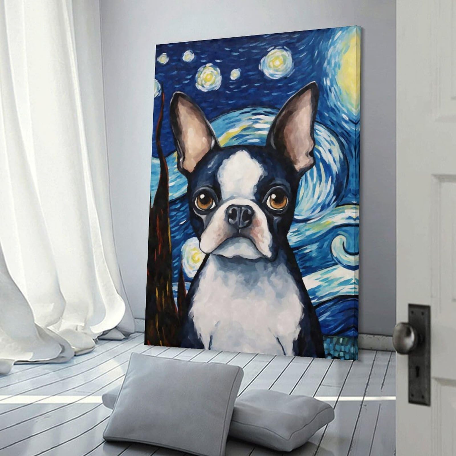 Junmoney Canvas Art Print Boston Terrier Night, 16x24inch(40x60cm), for Office, Study Or Home Workspace, Home Office Artwork with Decorative Appeal