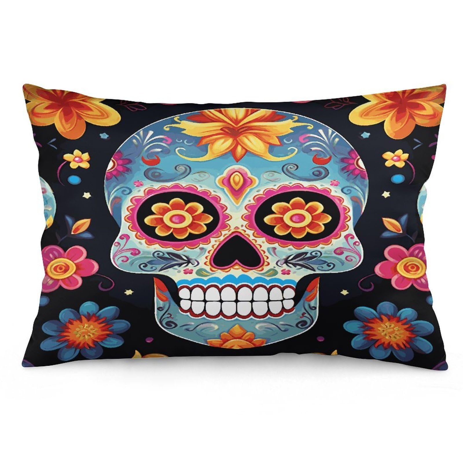 Sugar Skulls Throw Pillow Covers with Silent Zipper Polyester Pillow Protectors Removable Pillow Cases Soft Pillowcase Cozy Pillow Sham Cushion Cover for Sofa Car Bed 12 "x20