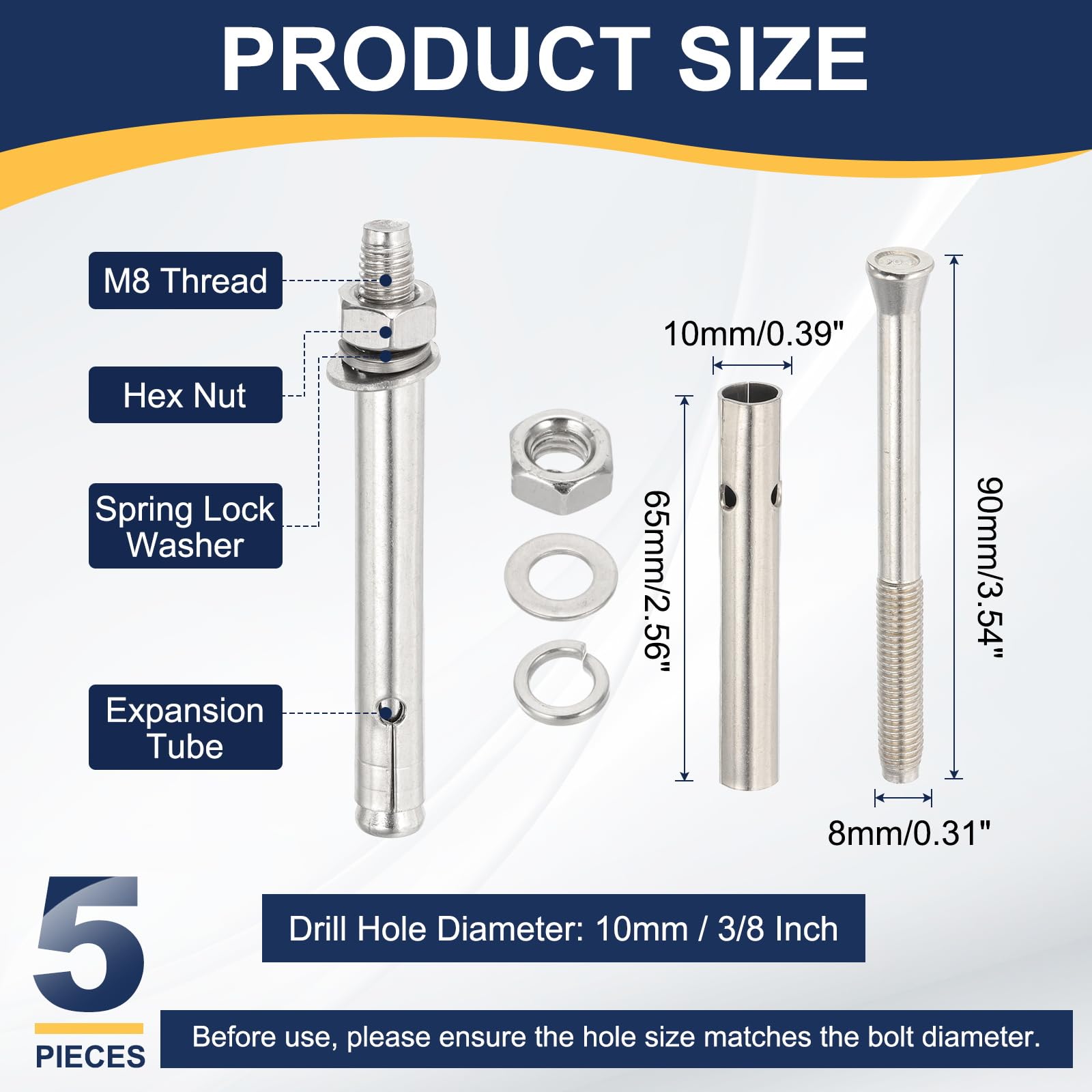 PATIKIL M8 x 90mm 304 Stainless Steel Expansion Bolts, 5 Pcs External Hex Expansion Screw Bolt Sleeve Lengthened for Concrete Drywall Construction Projects, Silver