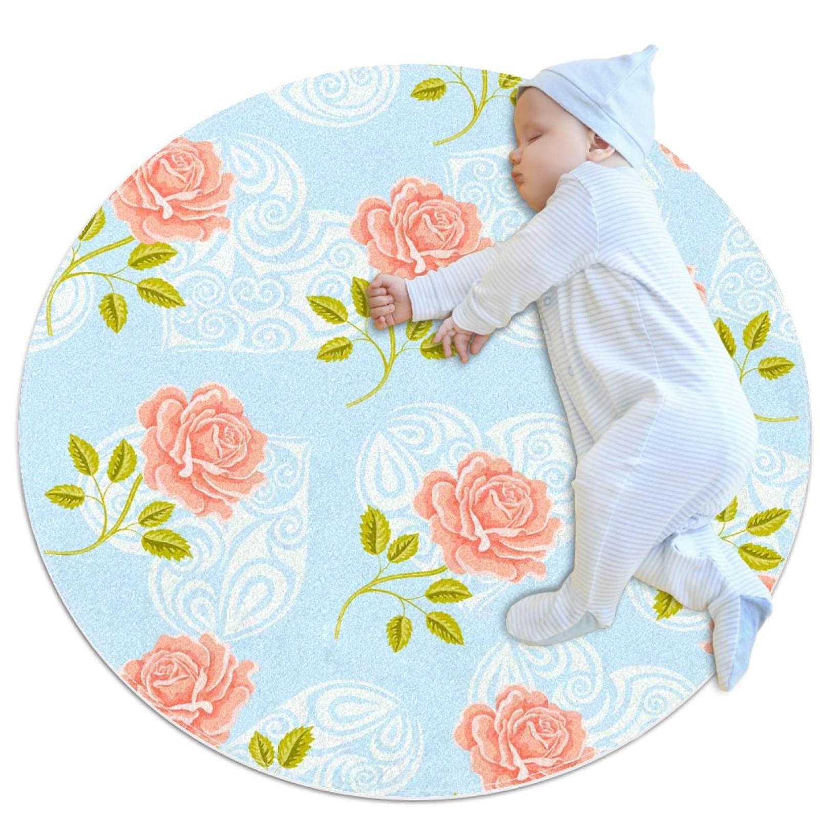 Tapis rond de roses 100cm : déco chambre et salon lavable