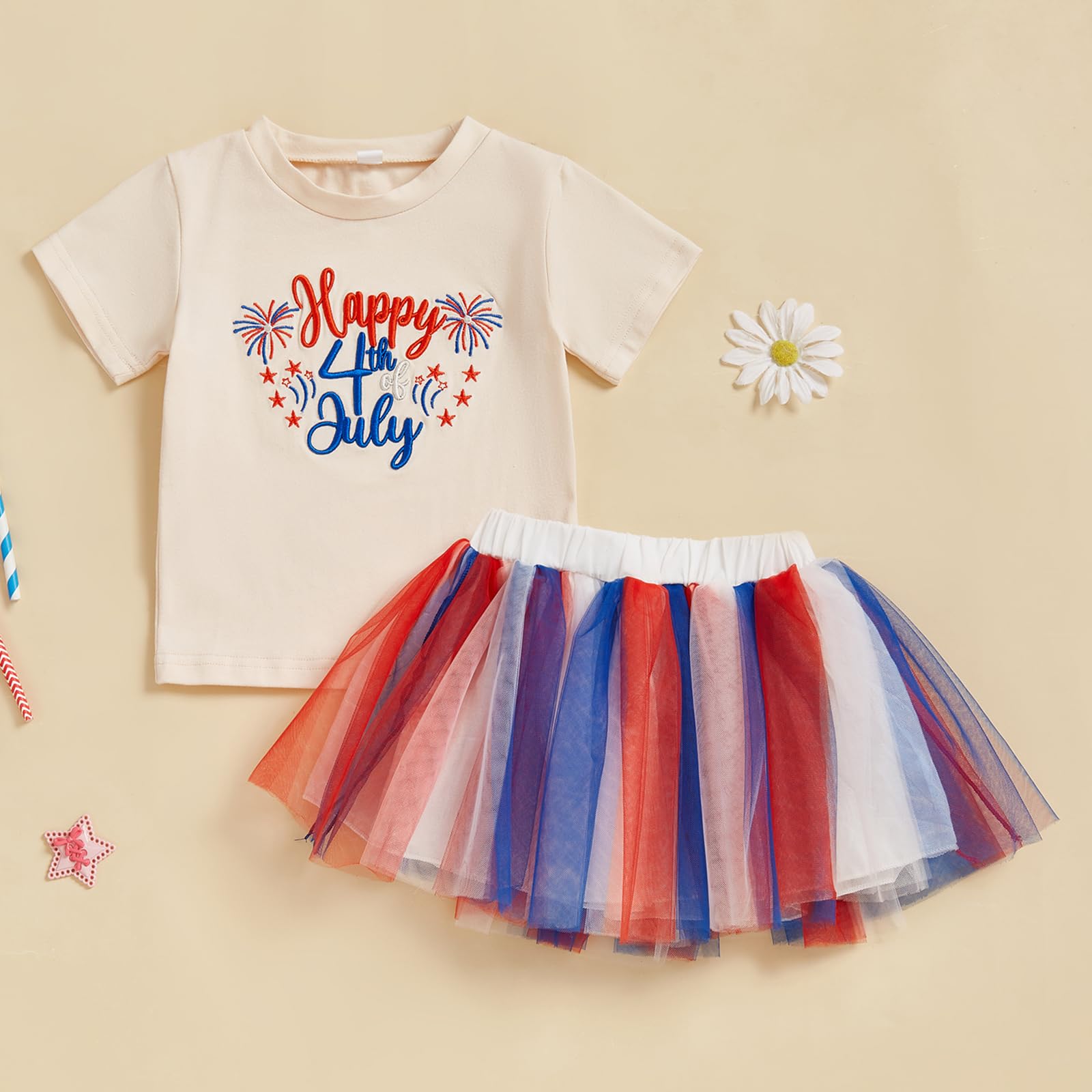 Pudcoco Toddler Baby Girl 4th of July Outfit Short Sleeve Letters Embroidery T-shirt and Tutu Skirt Set 2pcs Summer Clothes (Khaki, 6-12 Months)