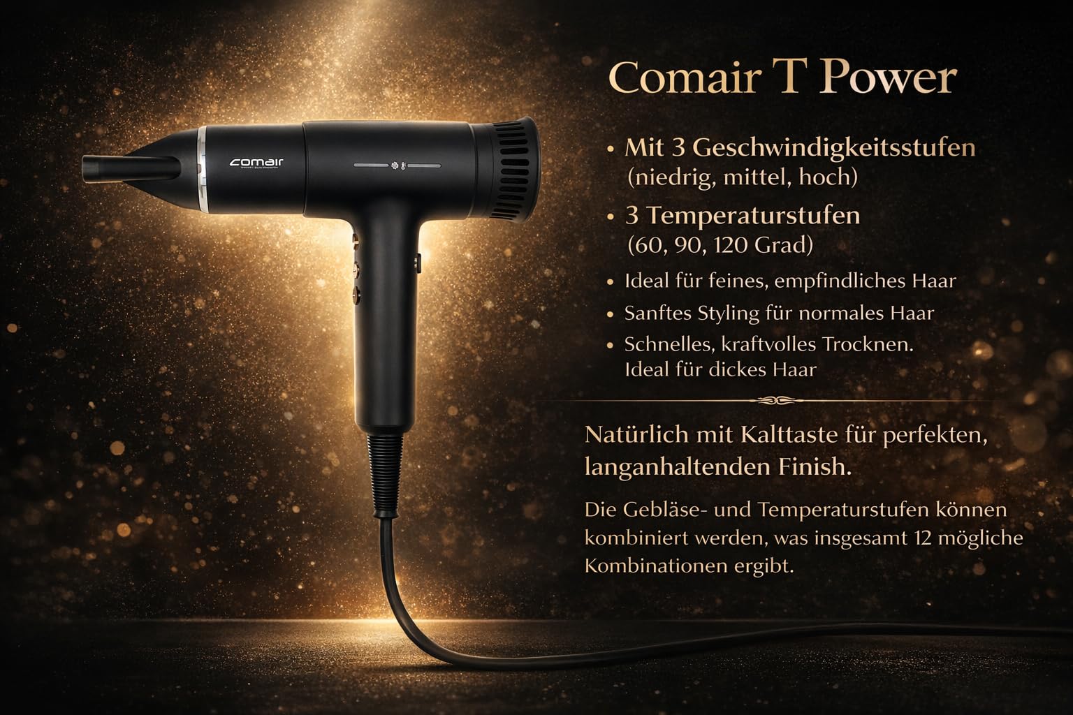 Comair T Power Haartrockner Profi Föhn, Diffusor + 2 Stylingdüsen + Tasche | 2200 W Föhn, Brushless-Motor 70.000 U/min, 3 Temperatur- und 3 Gebläsestufen, Kaltlufttaste, Ionen-Technologie. Sperrschalter
