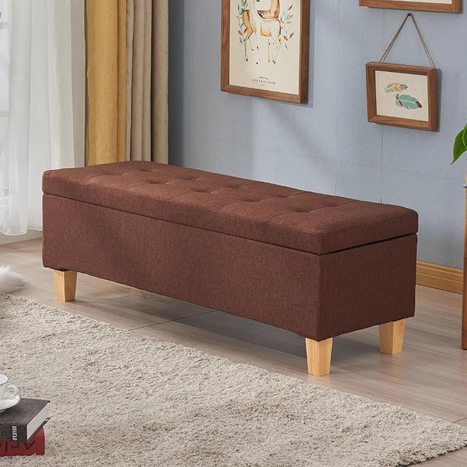 Benches Garden Bench Outdoor Patio Seating Backless Park Chair Lawn Path Slatted Seats,Linen Upholstered Ottoman Storage Bench with Wooden Legs – Versatile Shoe Bench and Storage Box for Ent