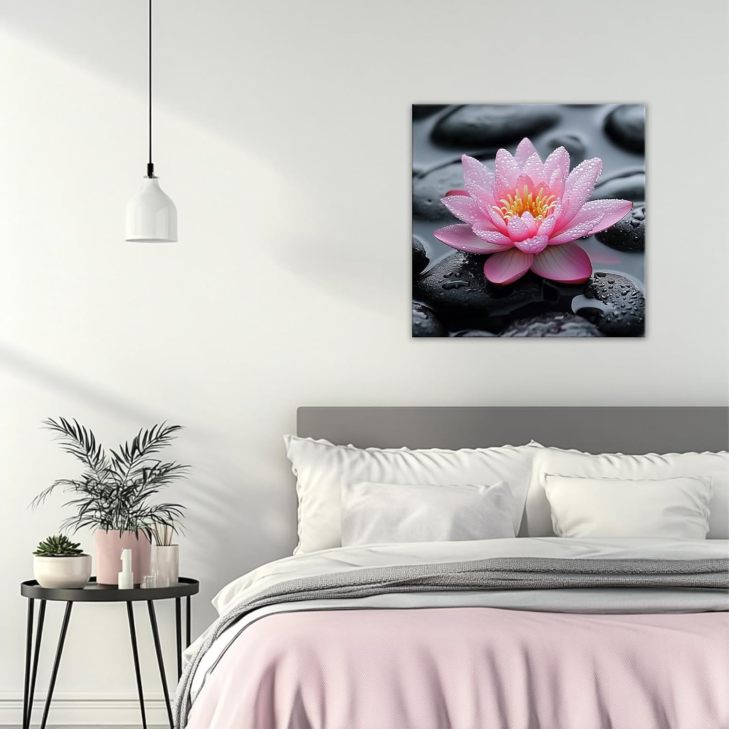 GLOKAKA Zen Floral Wall Art Pink Lotus Flower Picture Black Spa Stones in Water Painting Meditation Artwork for Yoga Bathroom Decor Frame Ready to Hang(Zen-2,12"x12")