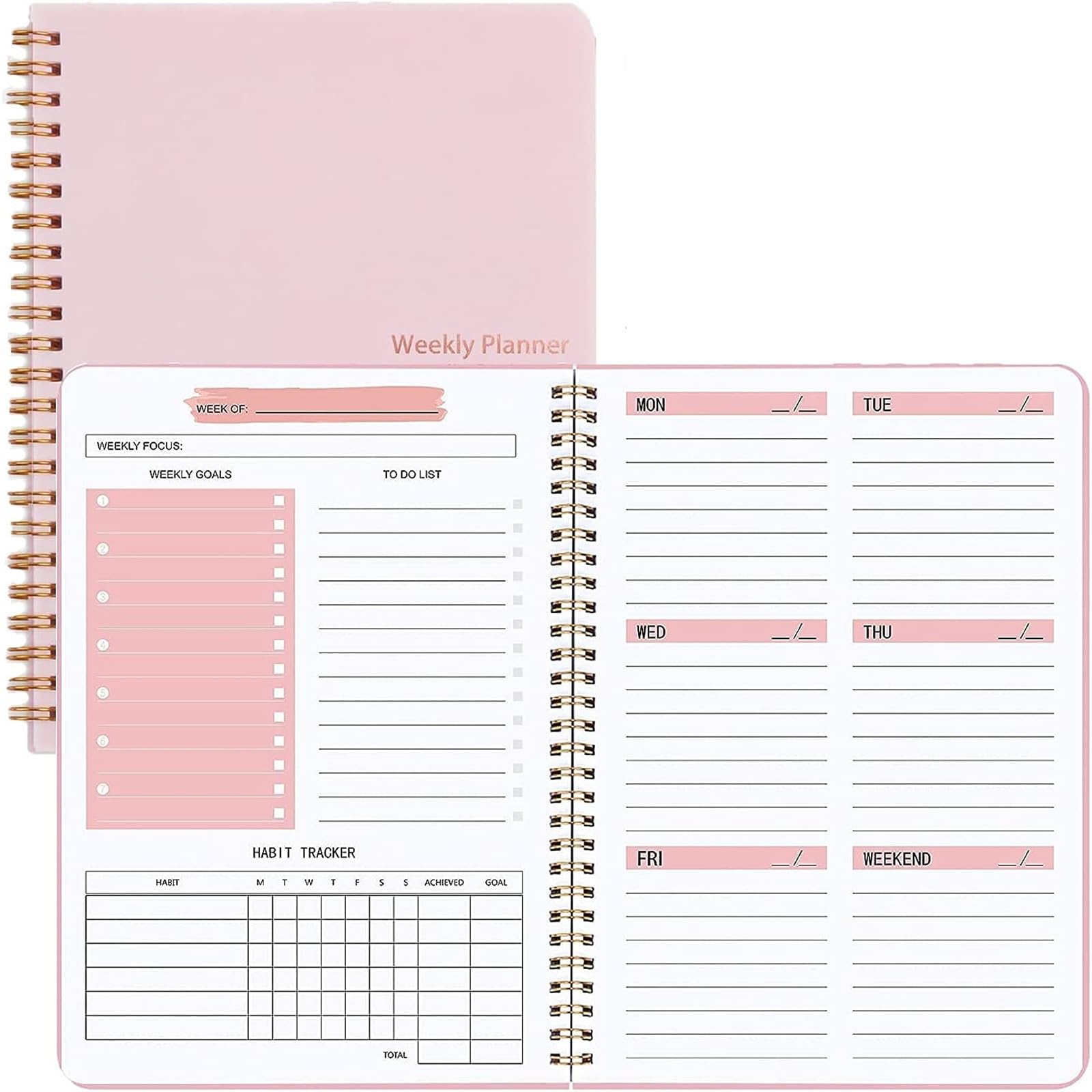 FEdima Weekly Planner Undated, A5 To Do List Notebook Weekly Goals Schedule Planner Daily Planner Notebook Weekly Goals Planner for Work & Personal Life (Pink)