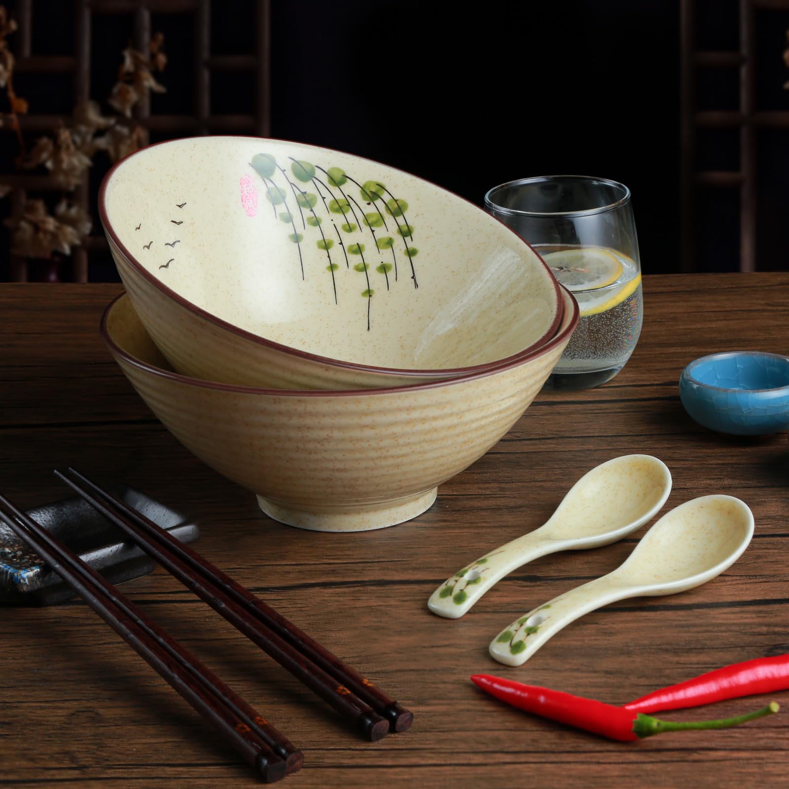 HLWDXno1 Ramen Bowl Set of 2 Ceramic Noodle Bowl with Chopsticks & Spoons 1200ml Large Soup Bowls Japanese Style Retro Porcelain Microwave Tableware Ramen Gift Set for Salad,Pho,Pasta,Udon - Image 4