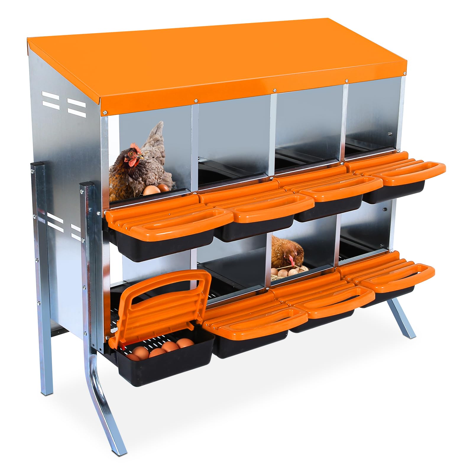 Caja de Anidación Resistente para Gallinas, 6/8 Compartimentos de Acero Galvanizado Antióxido, Tapa Extraíble, Fondo Inclinado (Naranja, 8 Compartimentos - Estructura De Soporte)