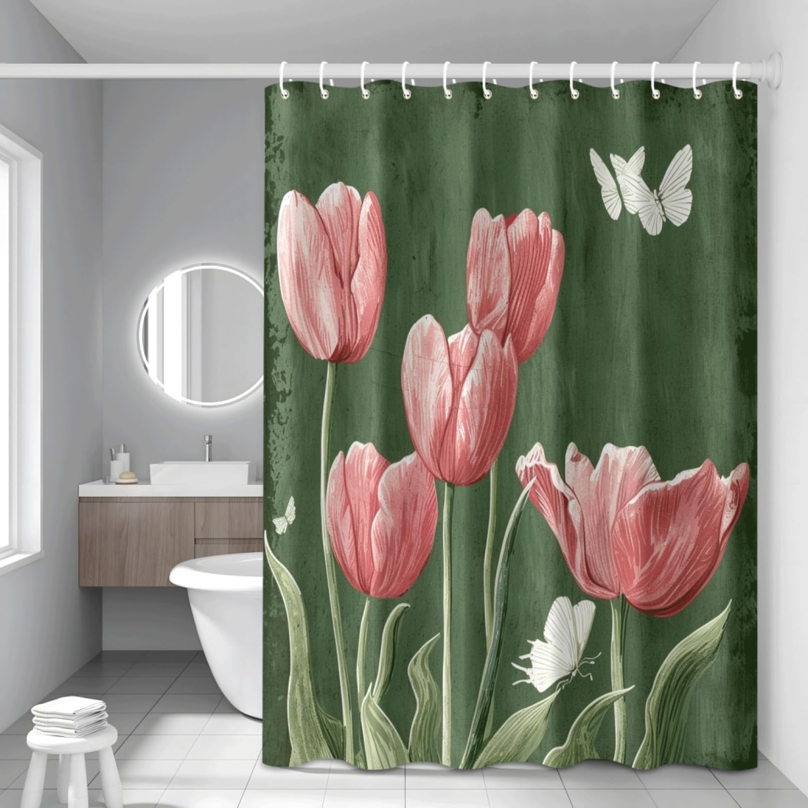 Rideau douche fleur verte et papillon en polyester lavable 180x220cm pour salle de bain