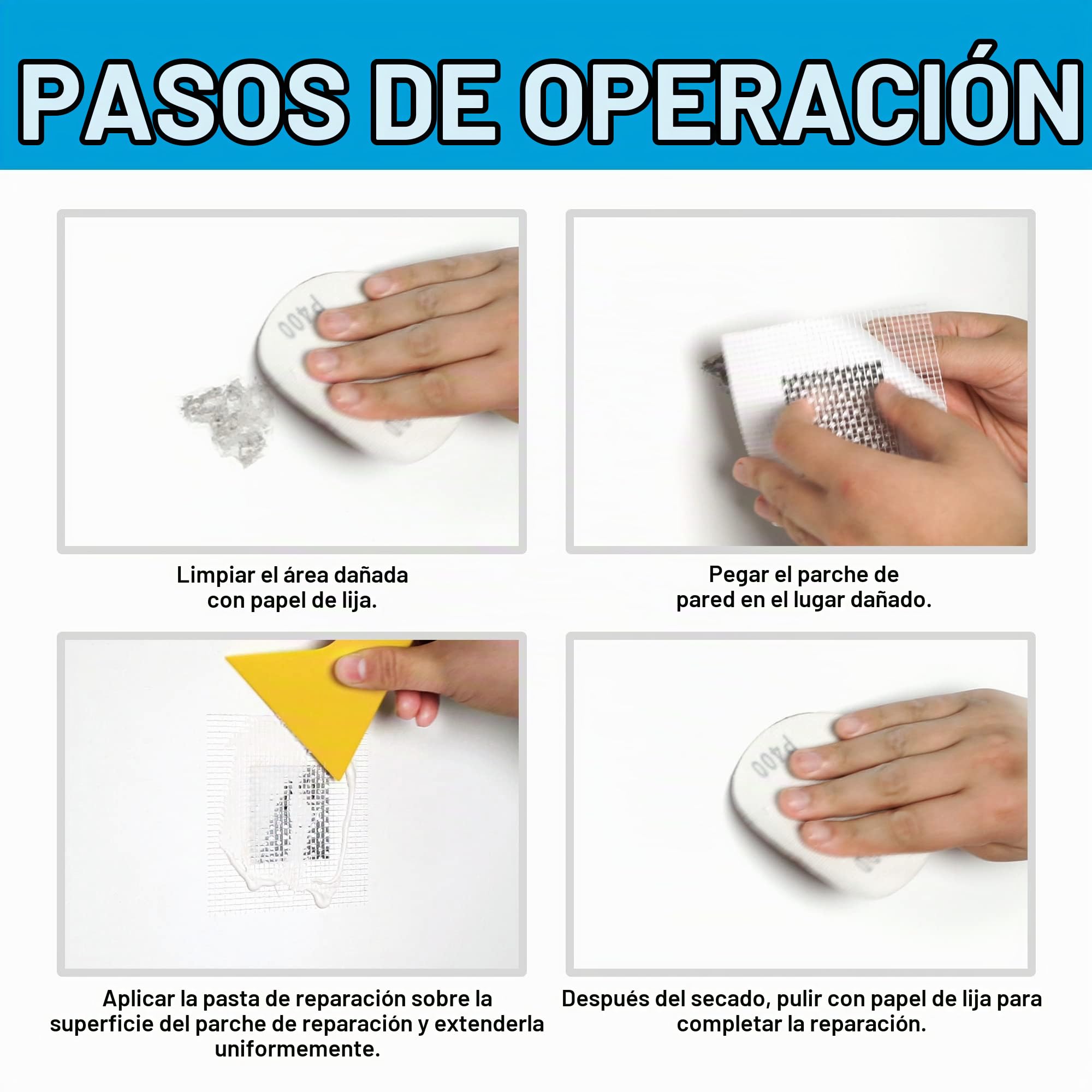 BONCART Spackle - Kit de reparación de pared, paquete de 3 agentes de reparación de pared con herramientas | Incluye raspador, papel de lija y parches de aluminio. Para grietas y agujeros de uñas.