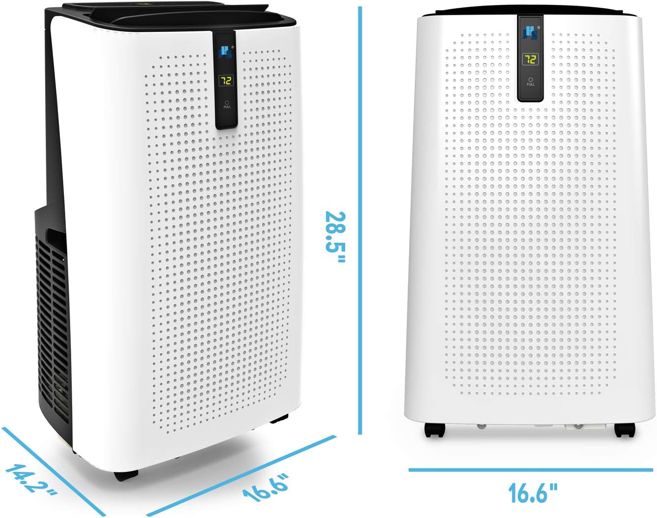 Dimensions of the JHS A018-12KR/C Portable Air Conditioner: 14.2 inches deep, 16.6 inches wide, and 28.5 inches high.