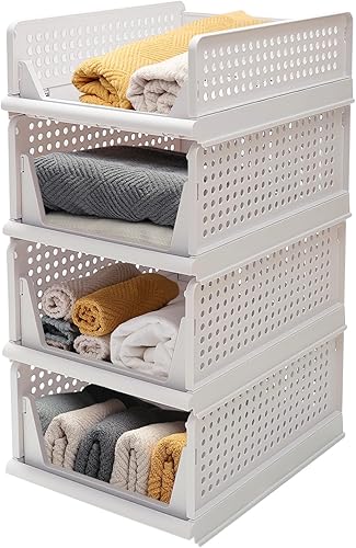 HOUZE - Cesta de almacenamiento apilable de plástico, paquete de 4 organizadores plegables de armario y contenedores de almacenamiento, contenedor
