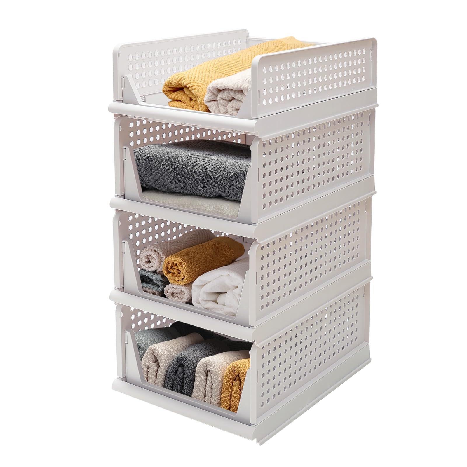 HOUZE Stackable Plastic Storage Basket, 4 Pack Foldable Closet