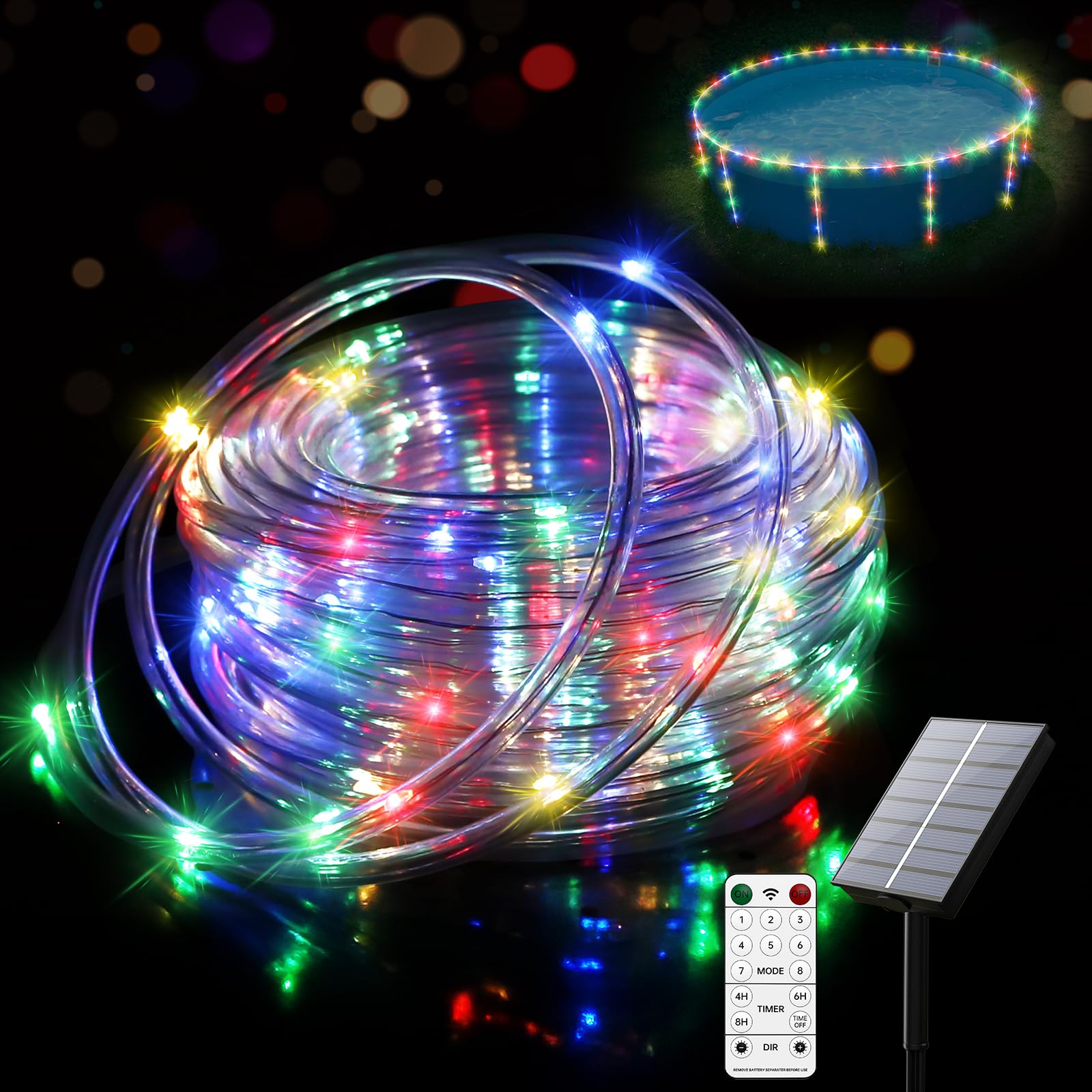 4 + 55.7ft Solar LED Pool Lights for Above Ground Pools – Waterproof 200 LEDs with Remote, 8 Color Modes – Outdoor String Lights for Frame Pools, Trampoline & Above Ground Pool Accessories-image-26