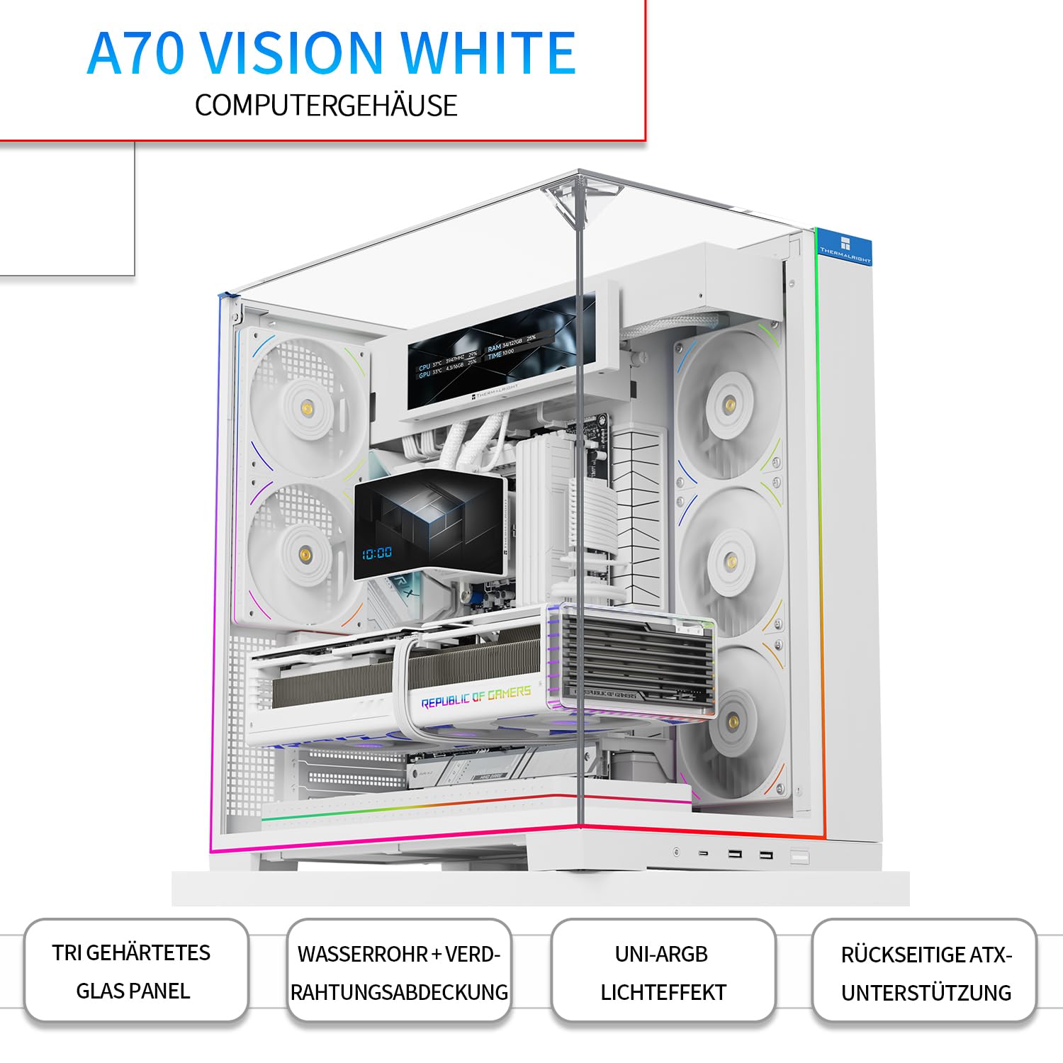 TR-Thermalright A70 Vision bianco con alloggiamento per PC espandibile display LCD da 9,16", connettore USB-C, telaio robusto ottimizzato per il gioco, universale con barra luminosa lineare ARGB