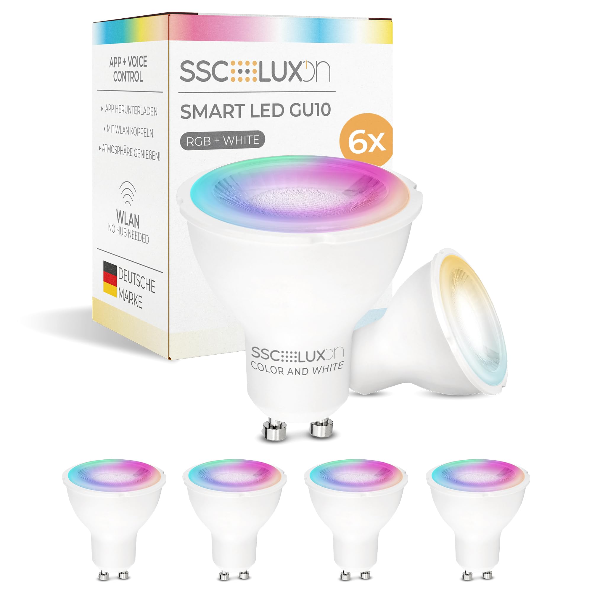 SSC-LUXon EYLA Smart GU10 6er Set LED 5W WLAN RGBW dimmbar 38° App | Sechs smarte GU10 Lampen mit engem 38° Spot - per App & Alexa steuerbar, RGB-Farblicht, für Spots & Einbaustrahler, ohne Hub