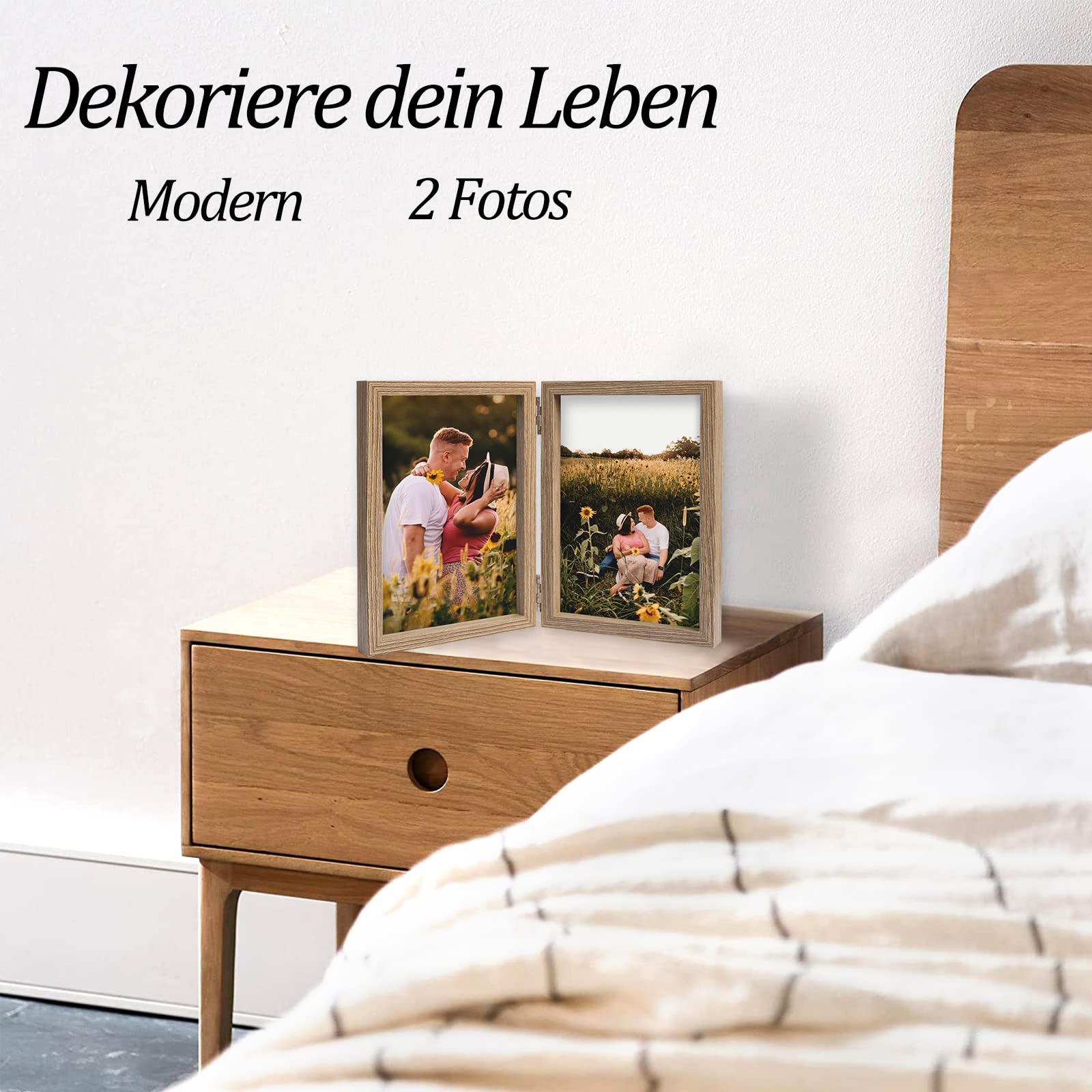 AVEAX - Portafoto Doppio Pieghevole In Legno, 13x18 Cm, Con Vetro Frontale E Supporto Da Tavolo, Colore Argento