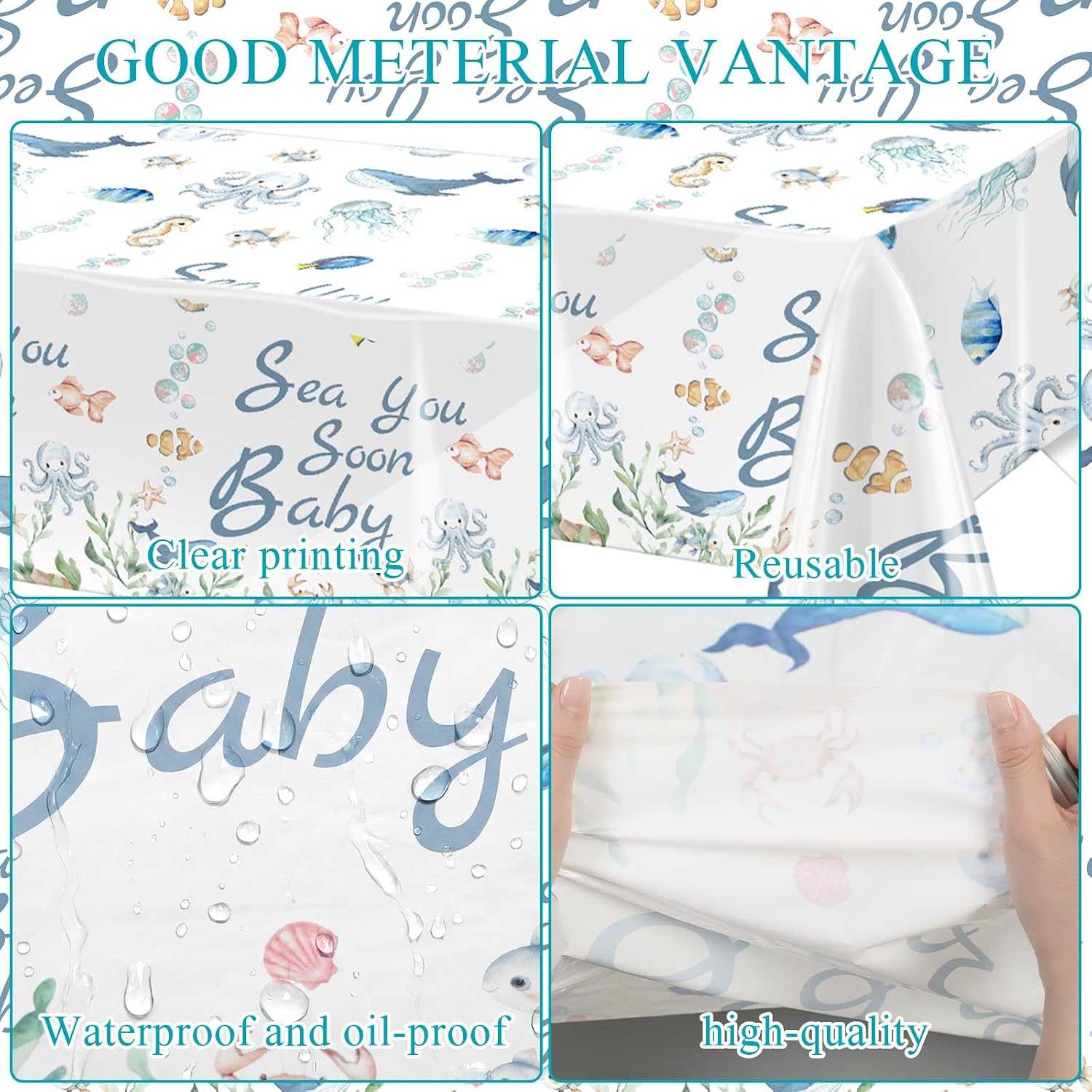 3 Pcs Sea You Soon Baby Shower Tablecloth Ocean Theme Table Cover Decor Ocean Baby Shower Party Supplies Sea You Soon Gathering Decoration Gender Reveal Party Wedding Birthday
