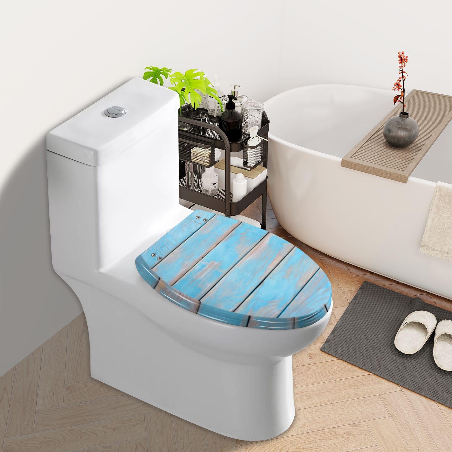Elongated Toilet Seat Blue wood planks a shabby wooden surface Resin Toilet Seat Slow Quiet Close with Quick-Release Hinges Toilet Seat with Cover Easy to Clean Install