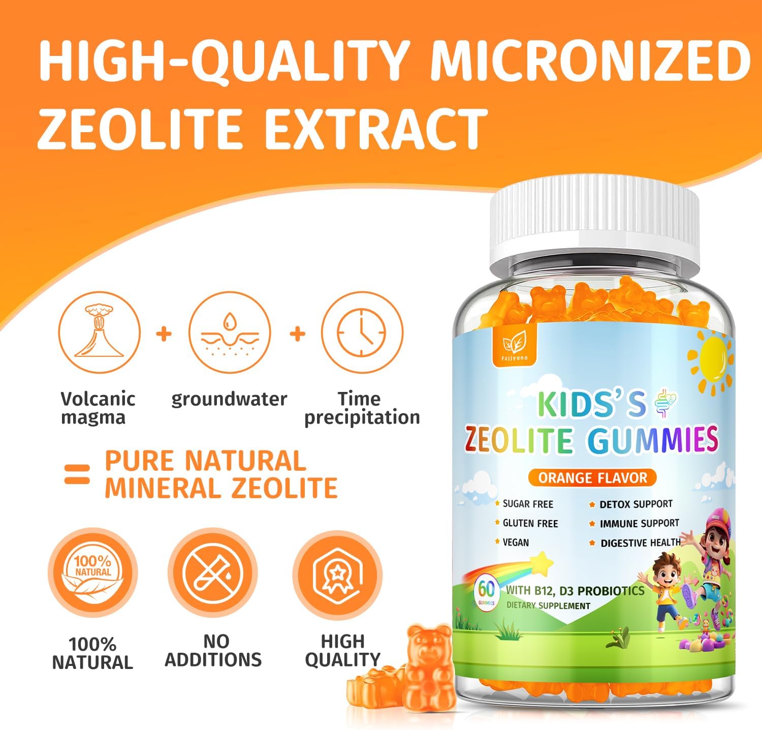 Zeolite Detox for Kids Gummies, Pure Natural Zeolite Clinoptilolite, Adults & Kids Heavy Metals, Focus, Gut & Immune Support - Vegan, No Additives - Orange Flavor - 60 Gummies - Image 2