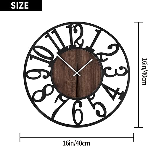 Miniatura 3 de 1st owned Reloj de pared para sala de estar, 16 pulgadas, silencioso, sin tictac, funciona con pilas, metal negro, relojes de madera antigua para