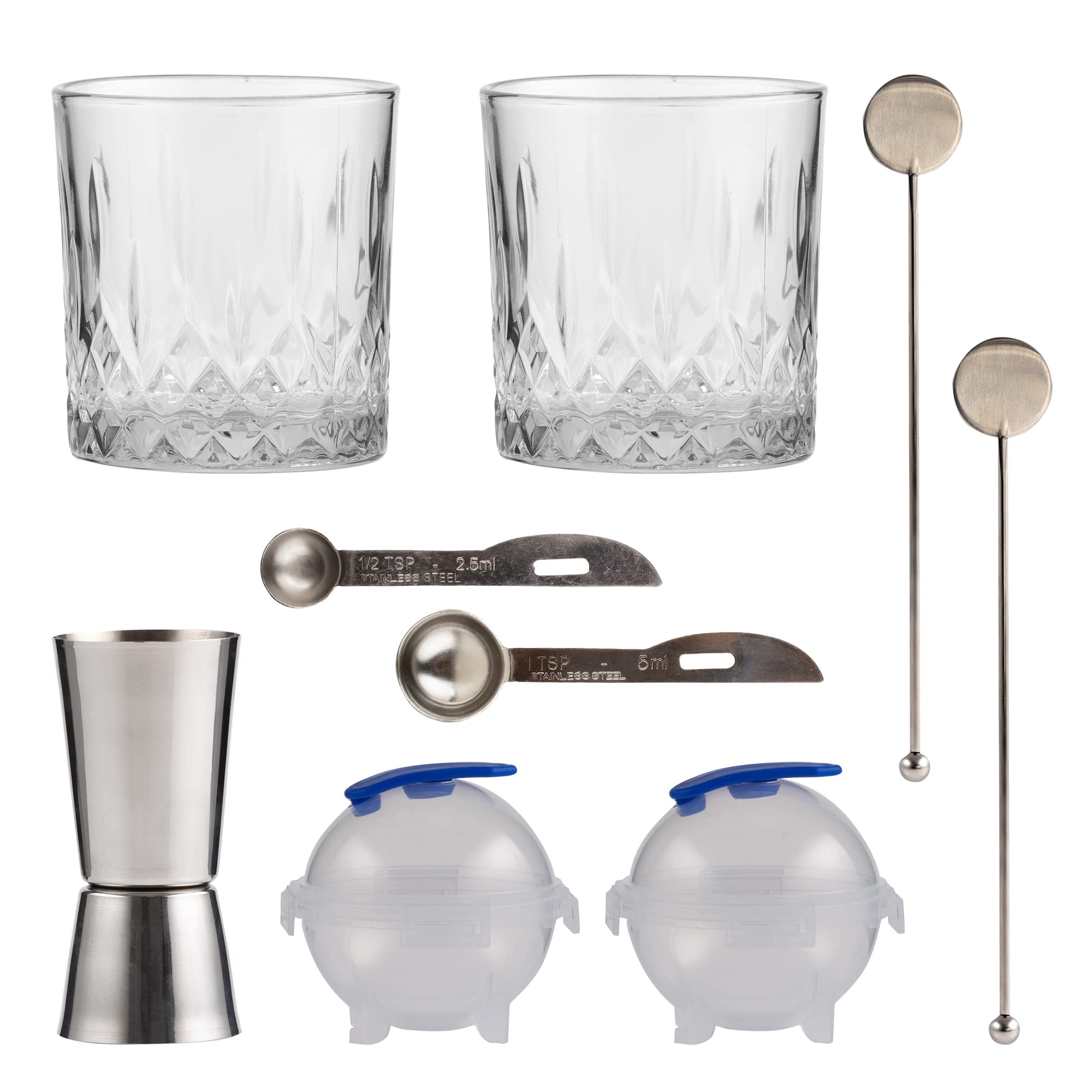 Entertain Glass Whiskey Glasses, Ice Moulds, Cocktail Stirrers, Measuring Spoons, Double Jigger, Recipe Card