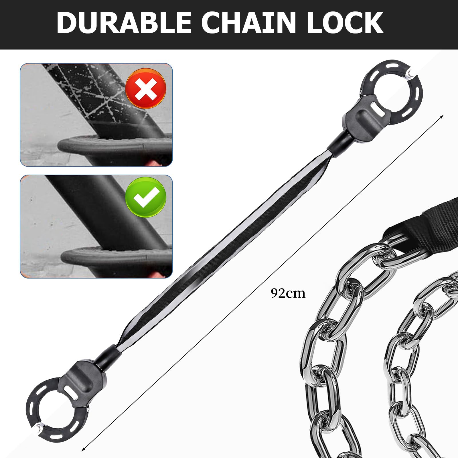 GuKKK Antifurto Monopattino Elettrico, 92CM Lucchetto Bicicletta Antifurto, 1.5KG Serrature Antifurto per Biciclette Elettriche, Lucchetto Bici, Lucchetti a Catena Con Chiave e Borsa Impermeabile