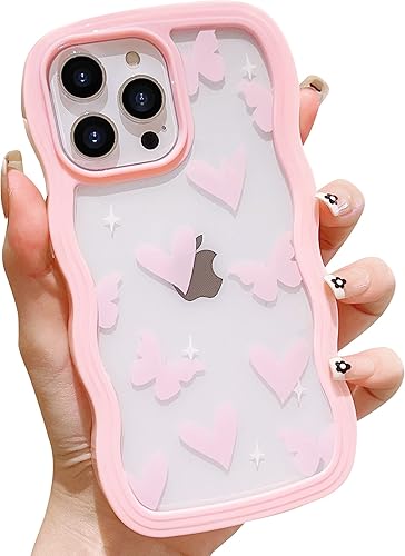 Miniatura 8 de SZXYCZL Funda compatible con iPhone 13 Pro, diseño de mariposa y corazón, para mujeres y niñas, estética, kawaii con borde ondulado, funda