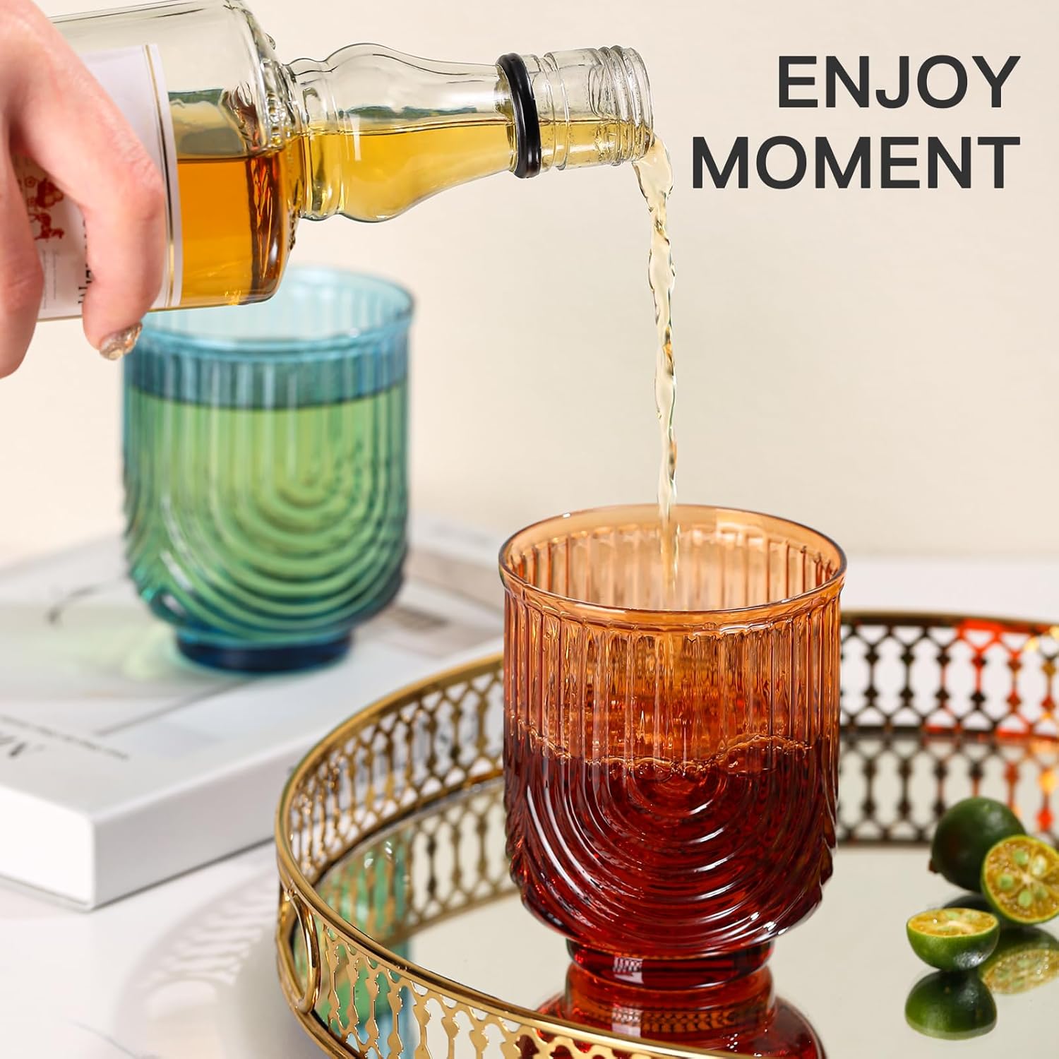 Colored Vintage Drinking Glasses Set of 6-14Oz Colorful Drinking Glasses, Art Deco Ripple Highball Glass, Whiskey Cocktail Glasses, for Bar Coffee Juice, Valentine's Day and New Year Gifts - Image 6